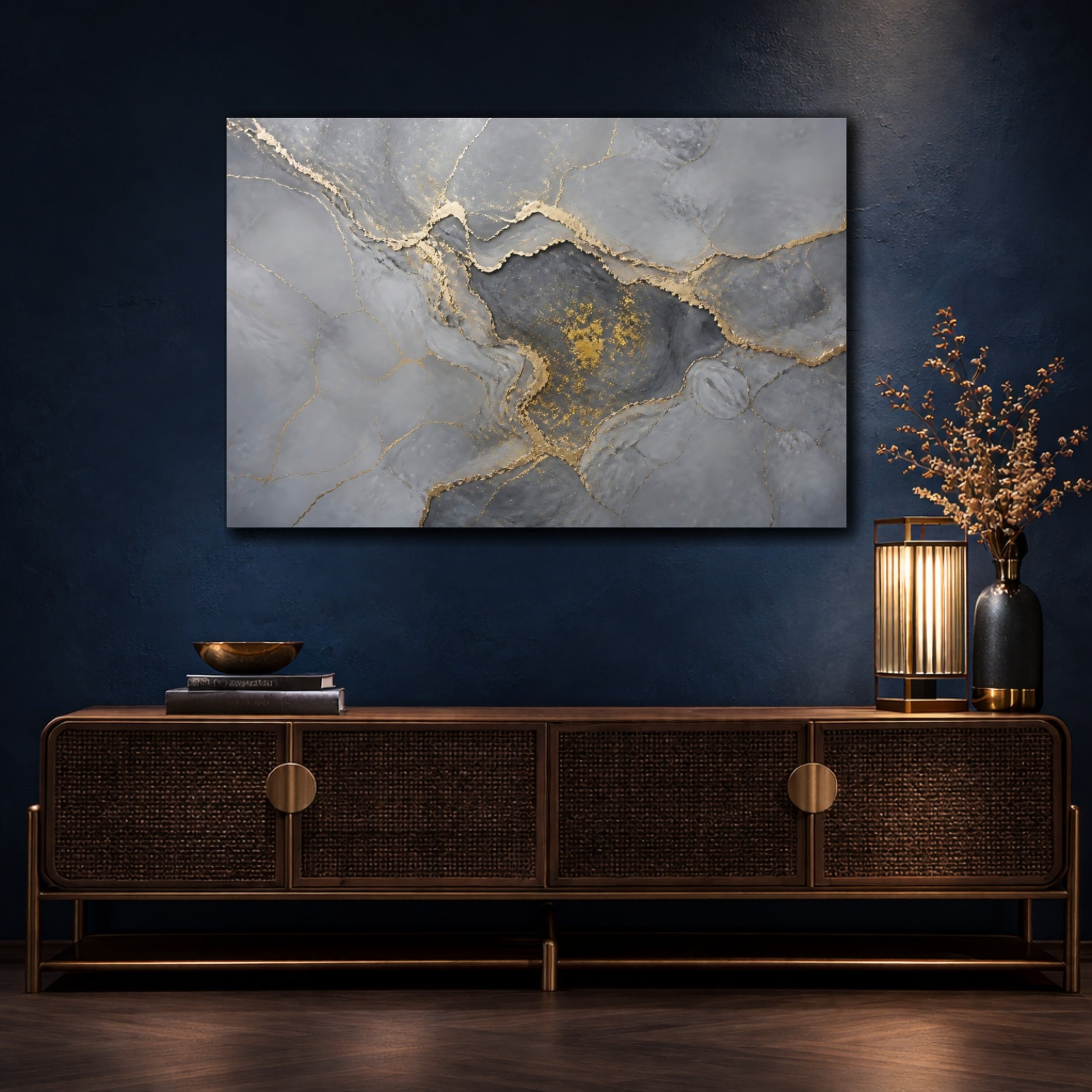 Mockup 4. Abstract Abstract Pattern Gray And Gold shown as stretched canvas wall art