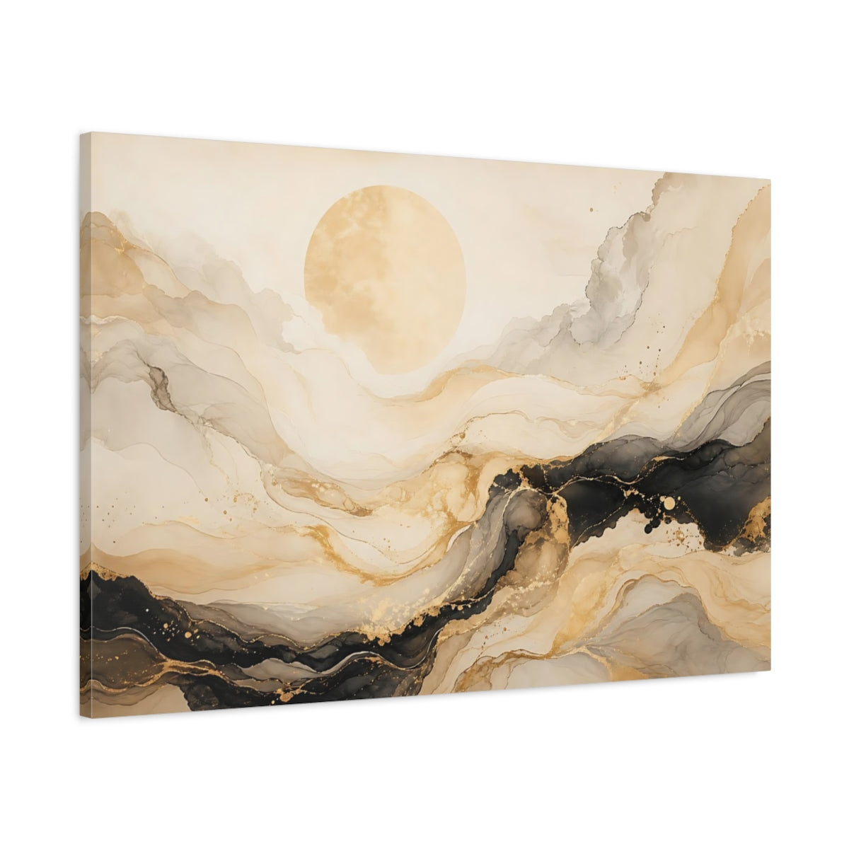 Main Mockup. Abstract Abstract Sun Gold And Black shown as stretched canvas wall art