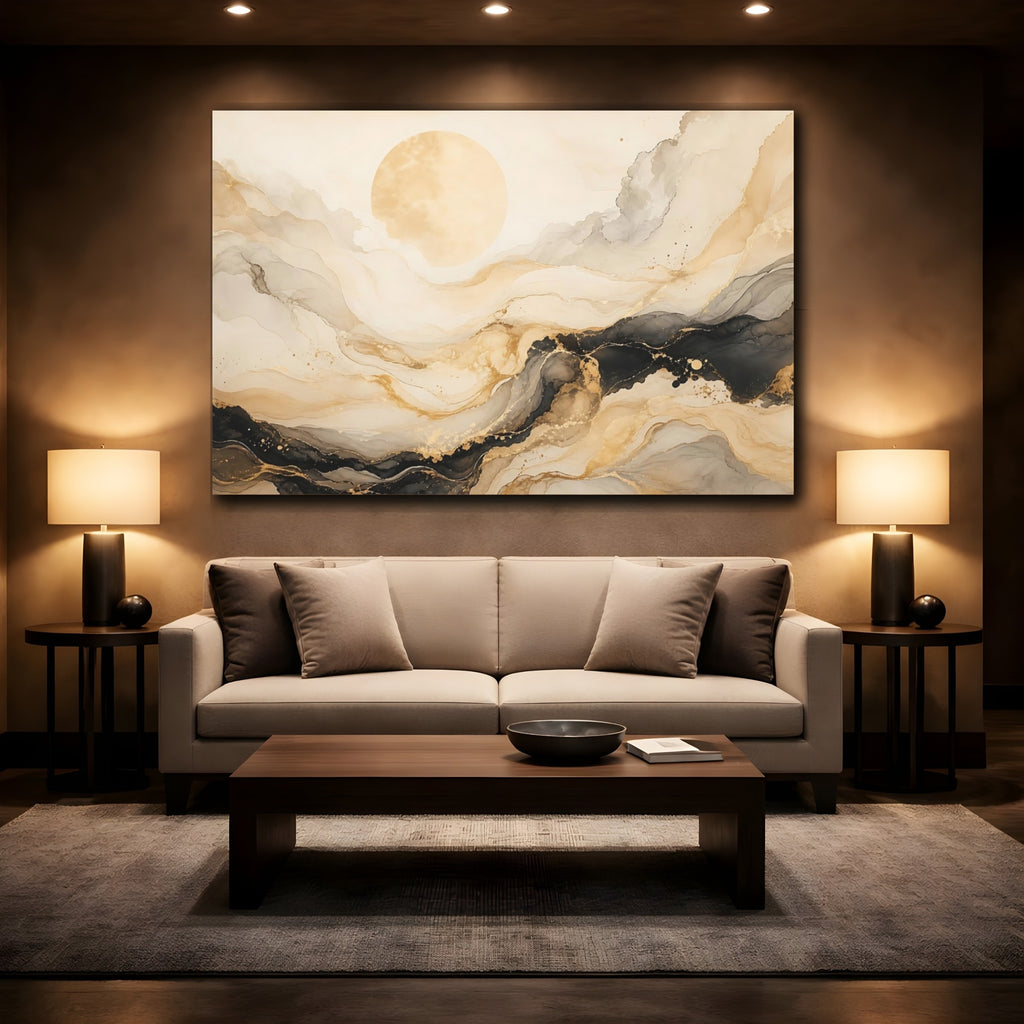 Mockup 2. Abstract Abstract Sun Gold And Black shown as stretched canvas wall art