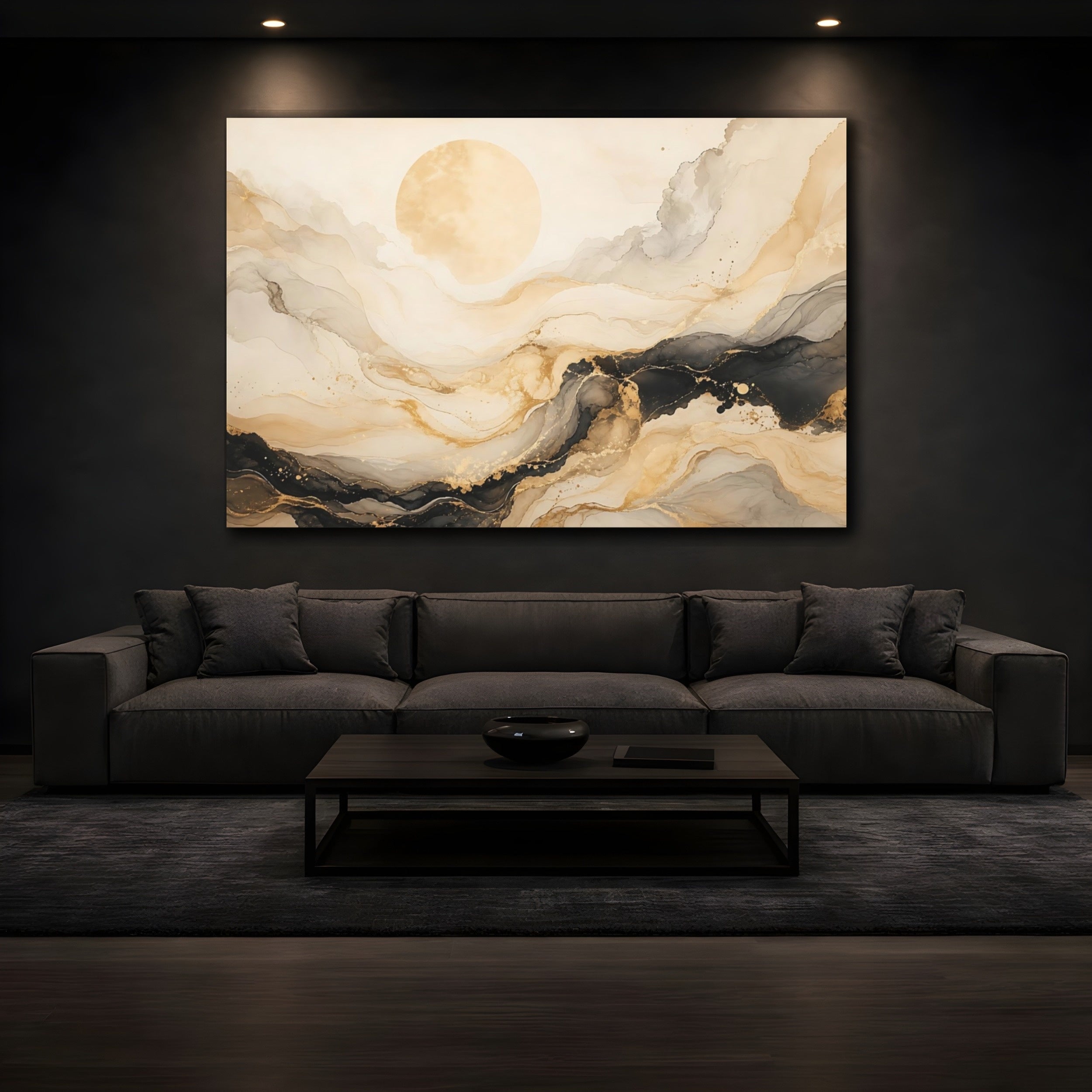 Mockup 3. Abstract Abstract Sun Gold And Black shown as stretched canvas wall art
