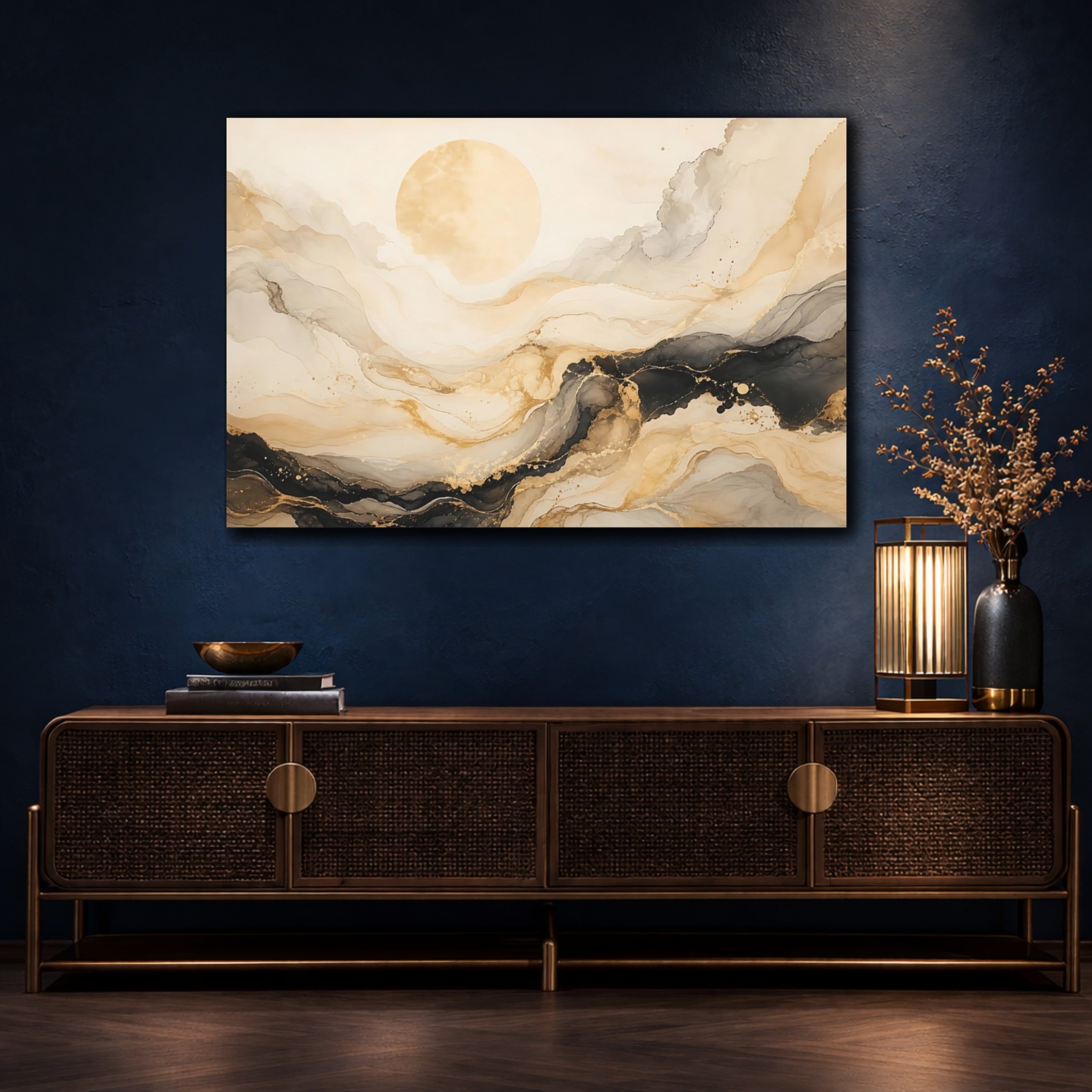 Mockup 4. Abstract Abstract Sun Gold And Black shown as stretched canvas wall art