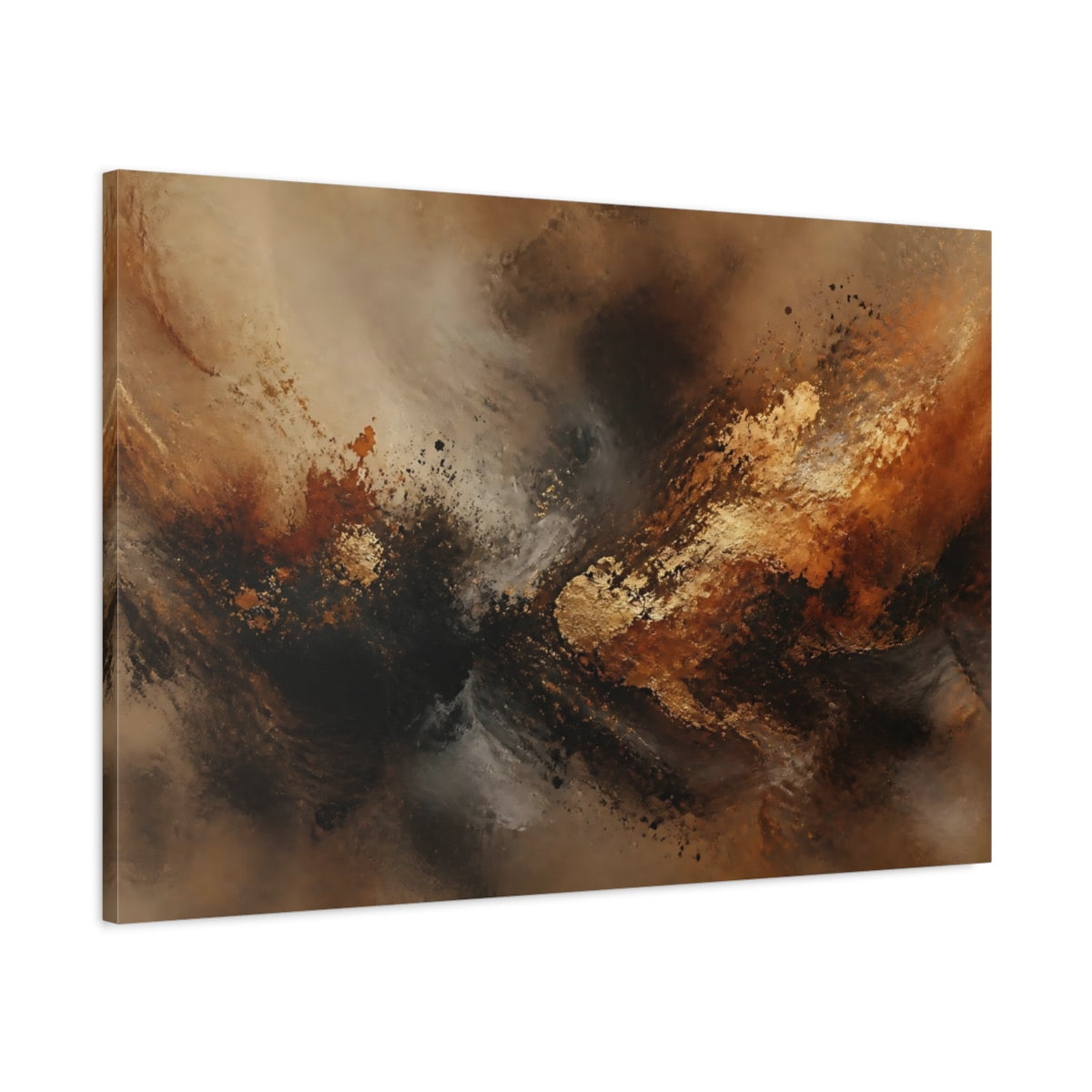 Main Mockup. Abstract Abstract Swirl Gold Black Brown shown as stretched canvas wall art