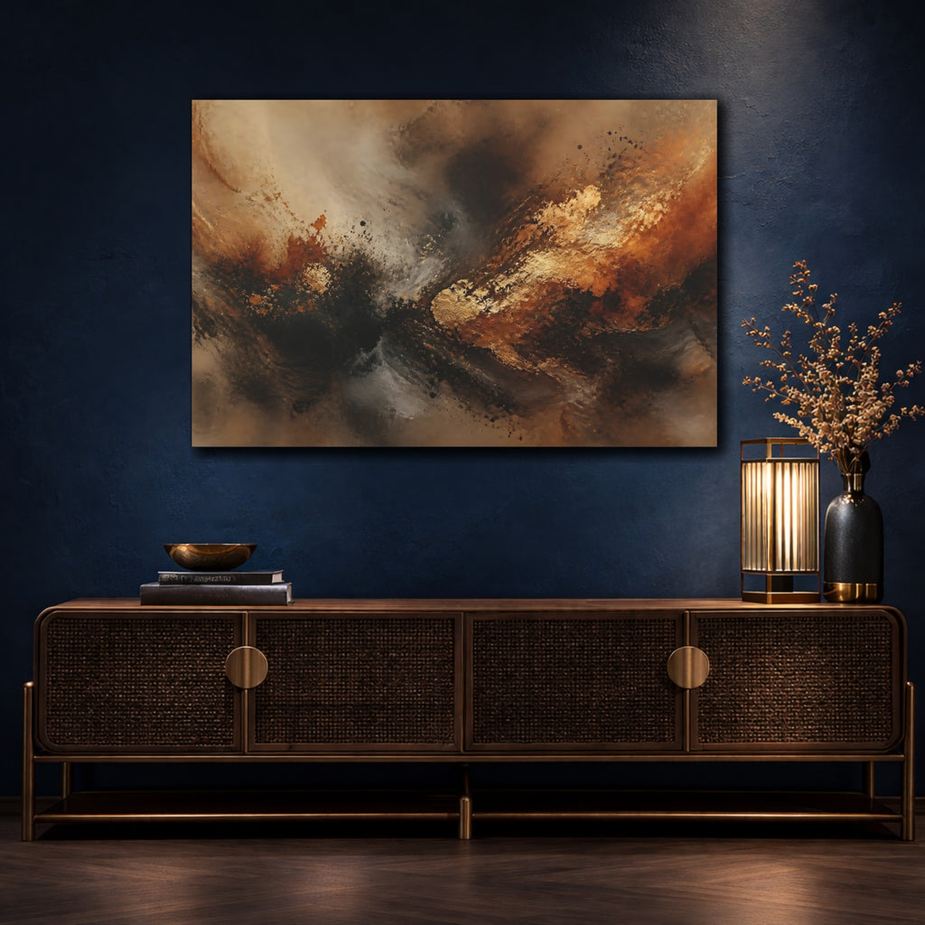 Mockup 4. Abstract Abstract Swirl Gold Black Brown shown as stretched canvas wall art