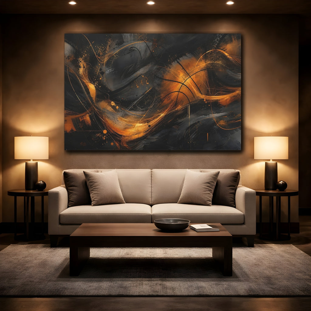 Mockup 2. Abstract Abstract Swirls Black And Gold Abstract shown as stretched canvas wall art