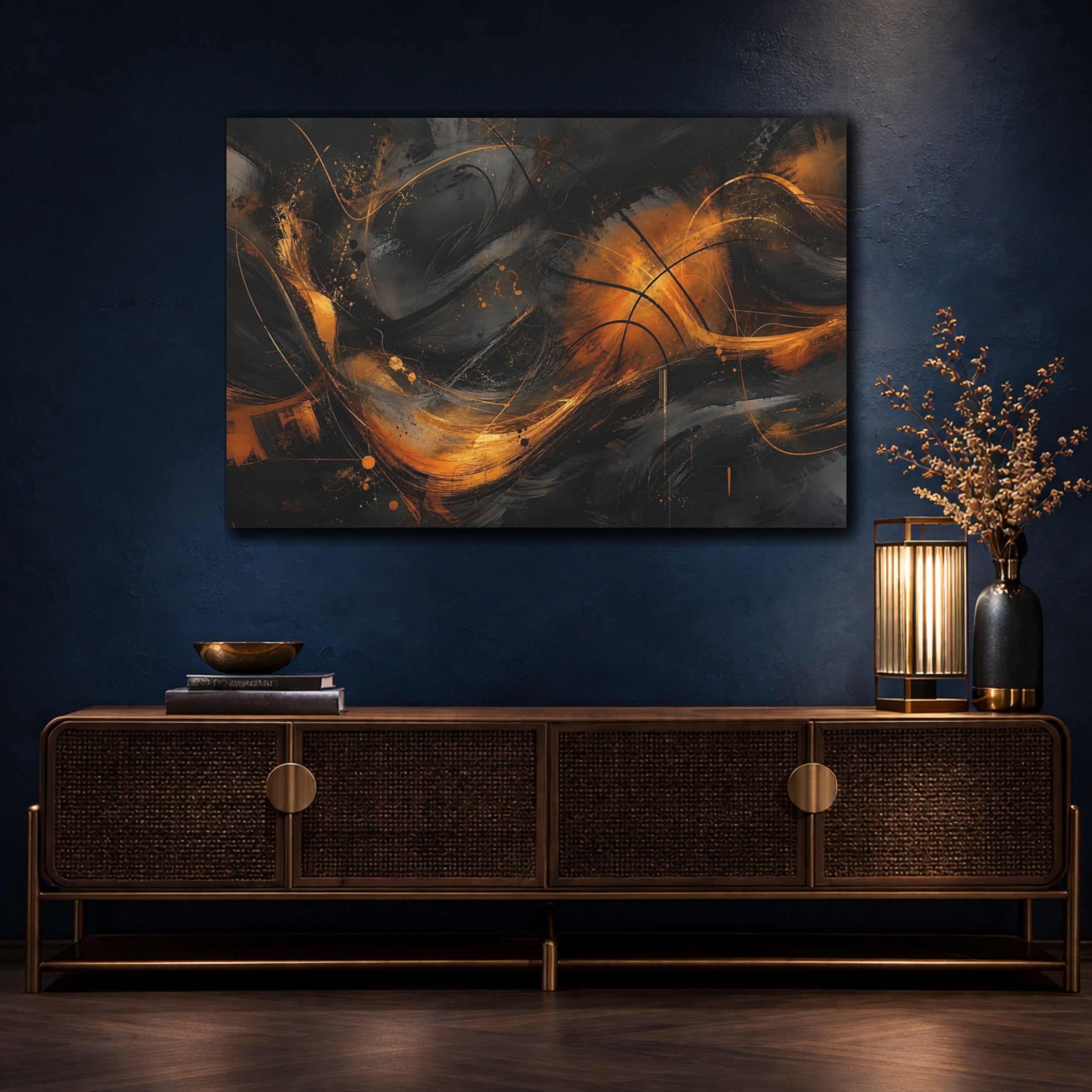 Mockup 4. Abstract Abstract Swirls Black And Gold Abstract shown as stretched canvas wall art