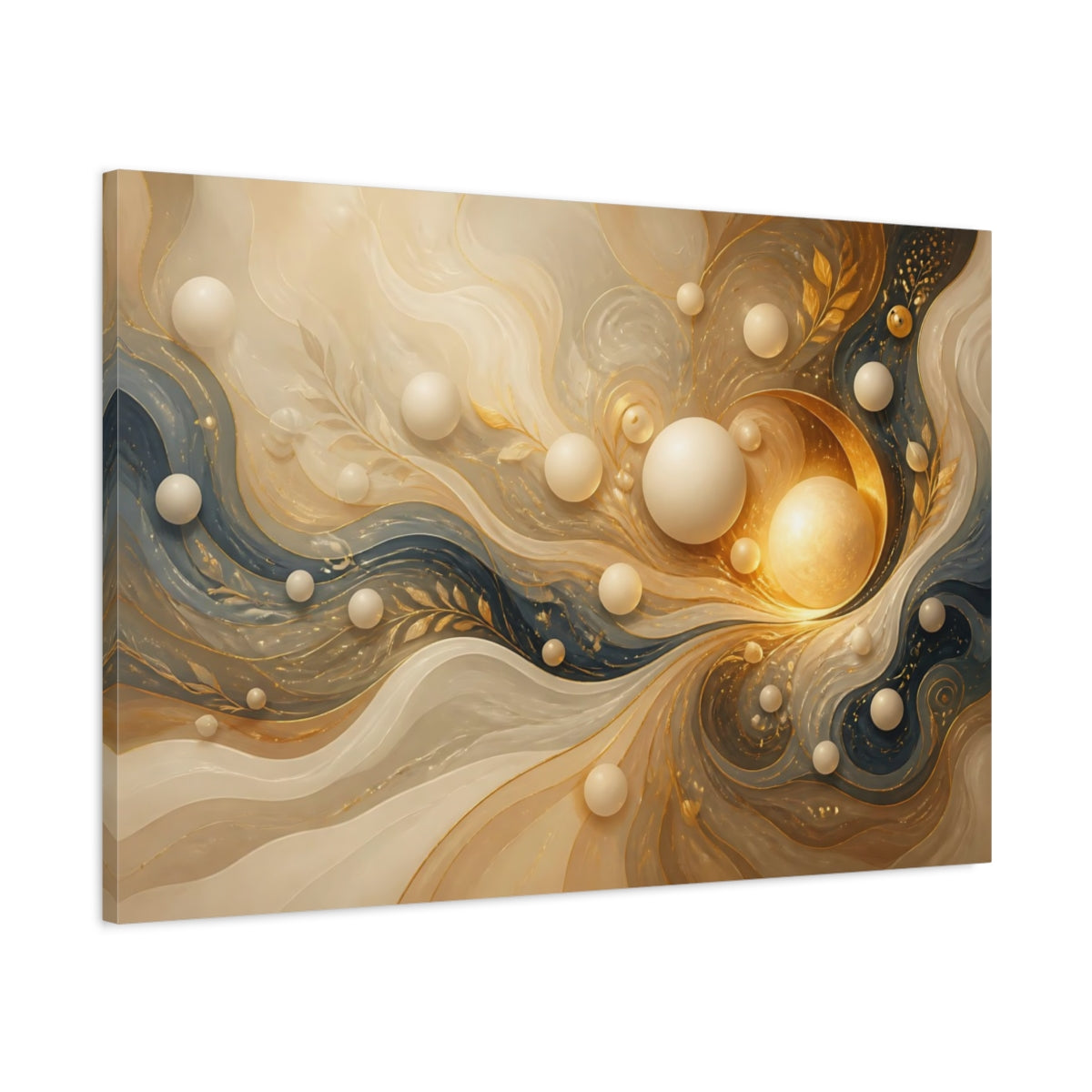 Main Mockup. Abstract Abstract Swirls Gold And Blue shown as stretched canvas wall art