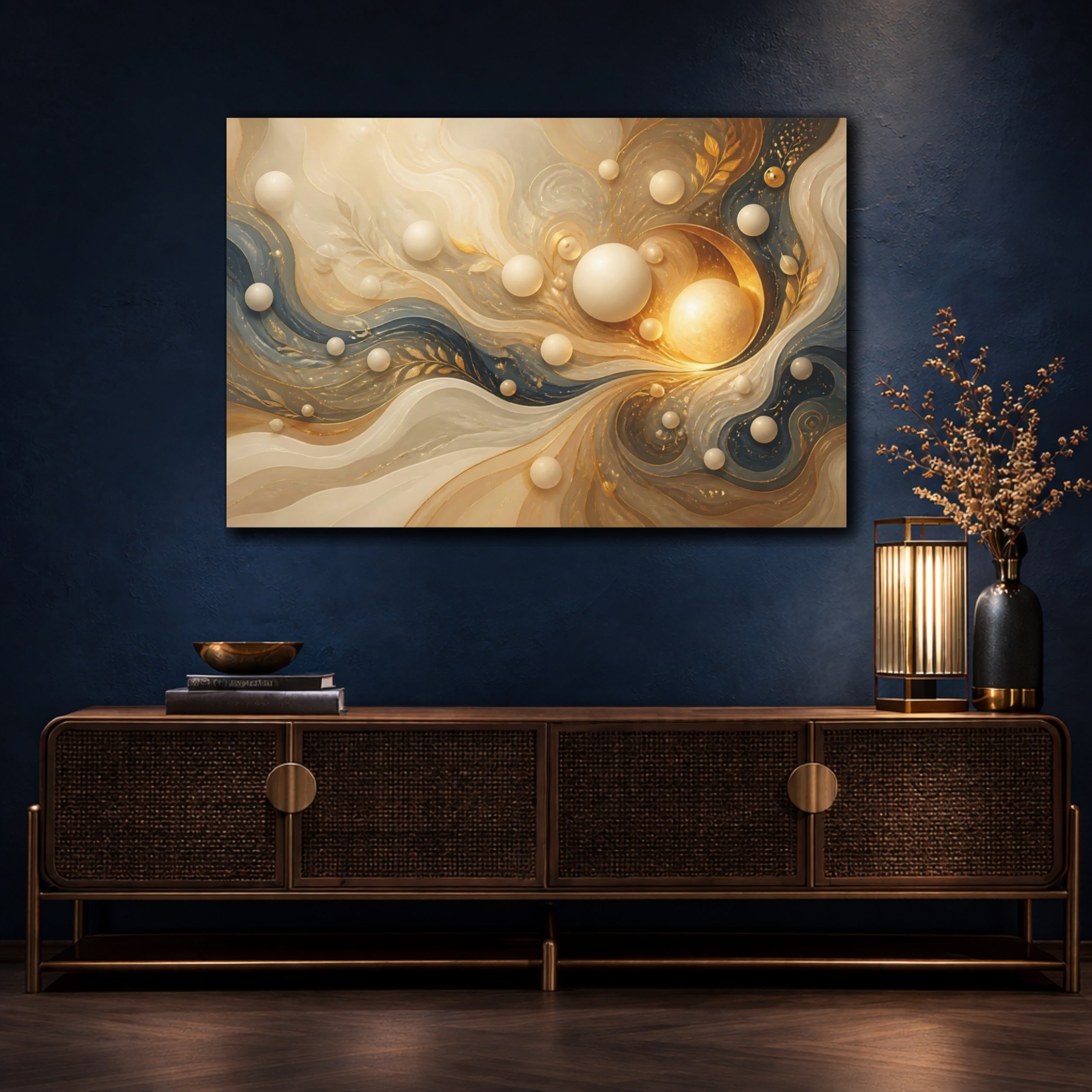 Mockup 4. Abstract Abstract Swirls Gold And Blue shown as stretched canvas wall art