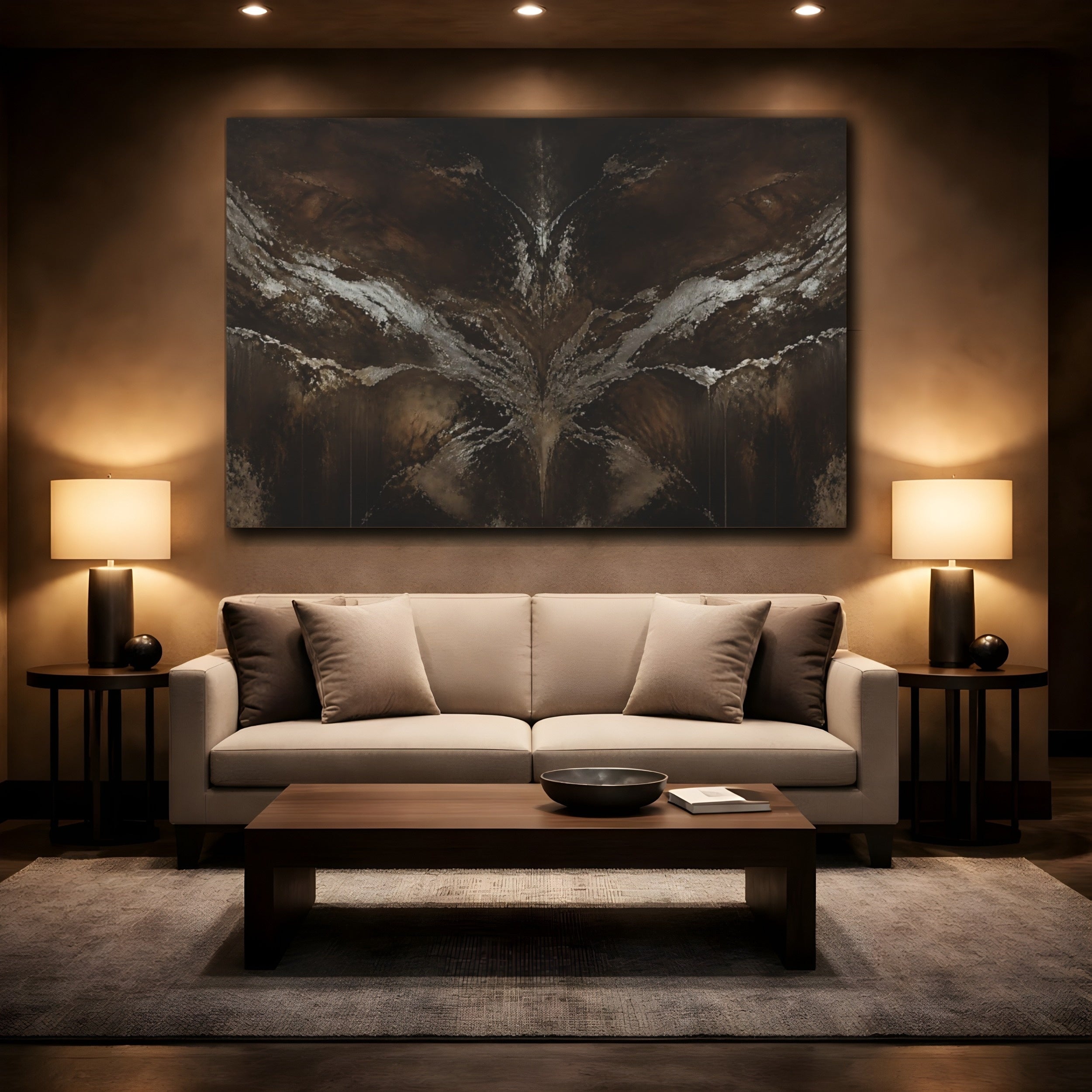 Mockup 2. Abstract Abstract Texture Dark Brown Silver shown as stretched canvas wall art