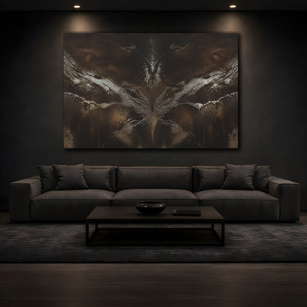 Mockup 3. Abstract Abstract Texture Dark Brown Silver shown as stretched canvas wall art