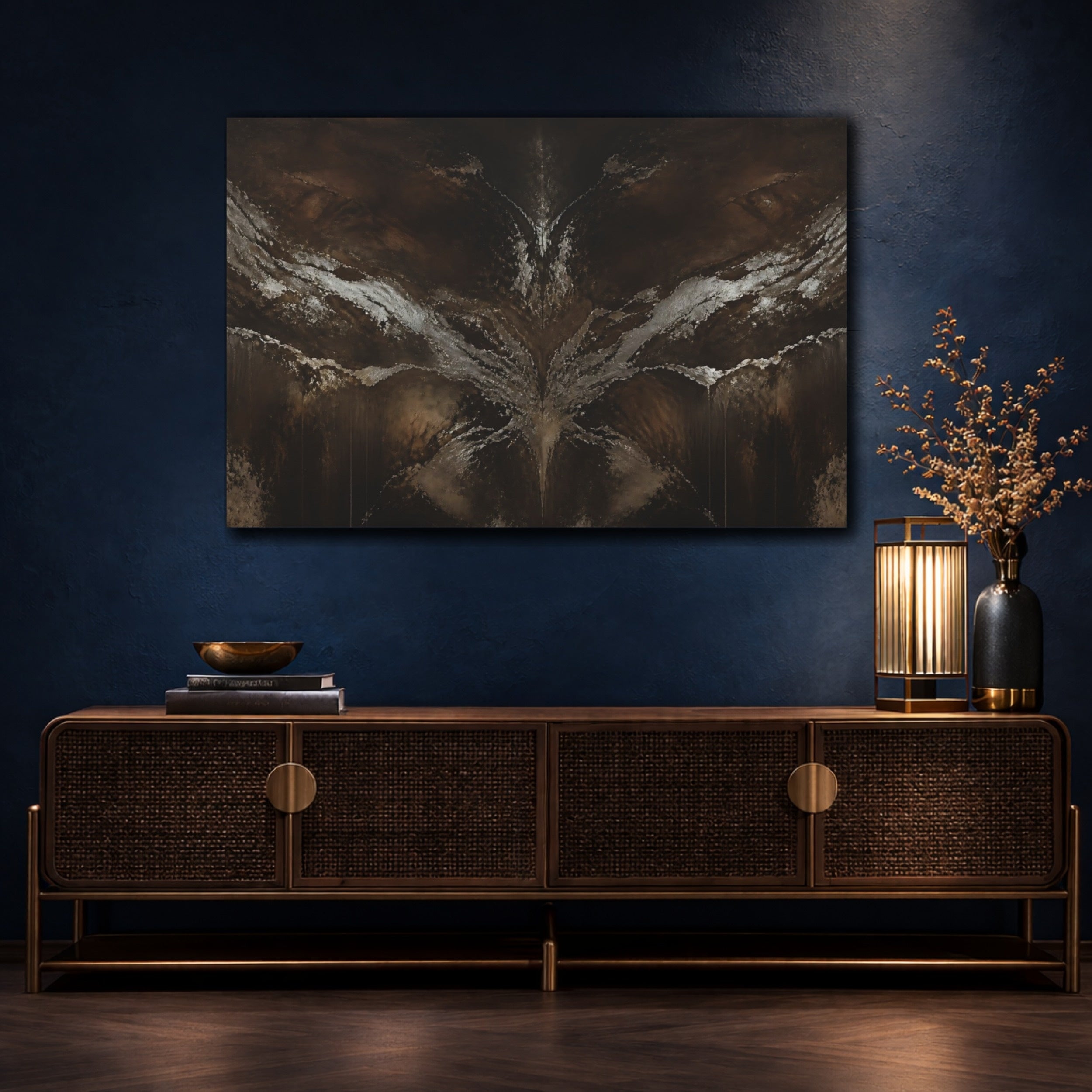 Mockup 4. Abstract Abstract Texture Dark Brown Silver shown as stretched canvas wall art
