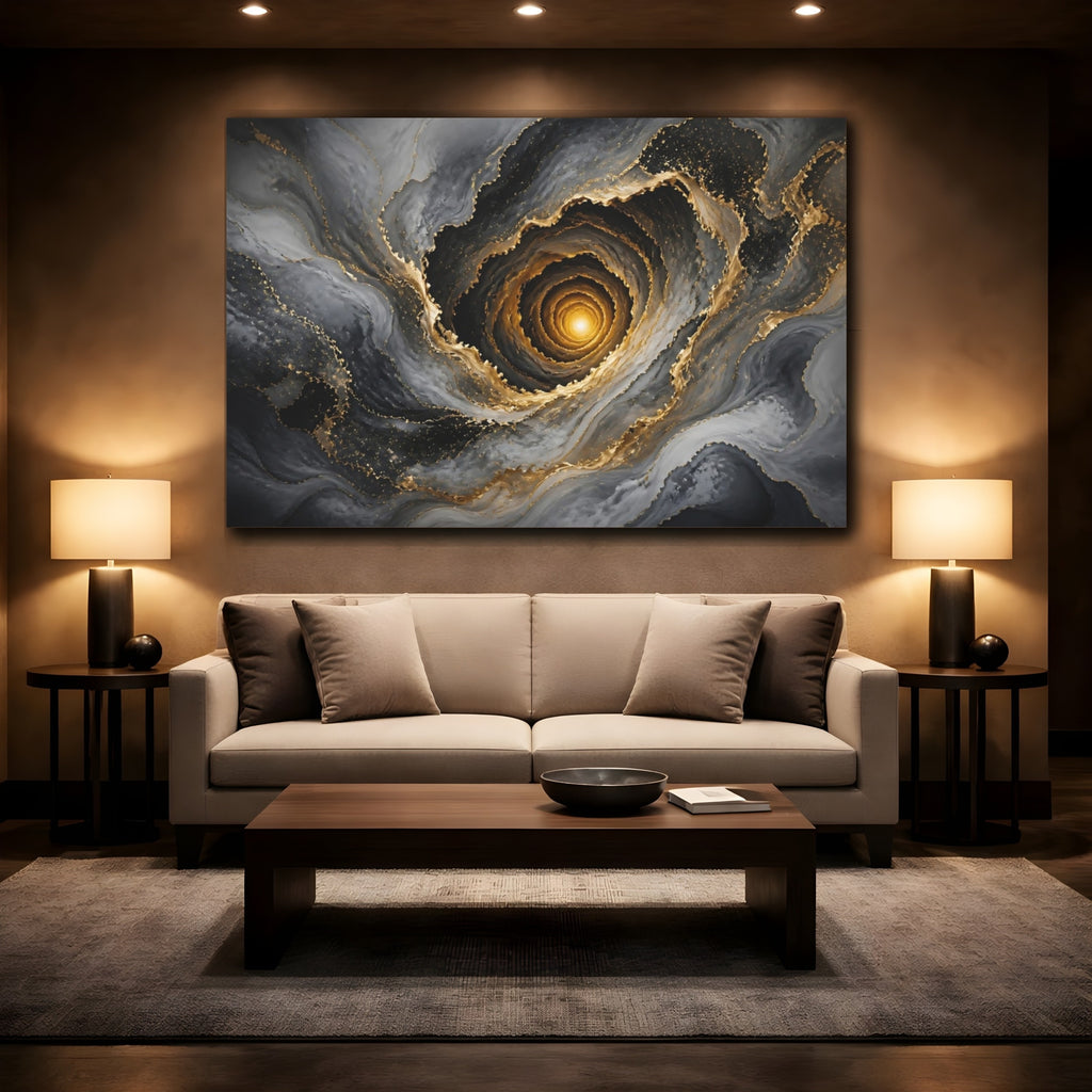 Mockup 2. Abstract Abstract Vortex Grey Gold Vortex shown as stretched canvas wall art