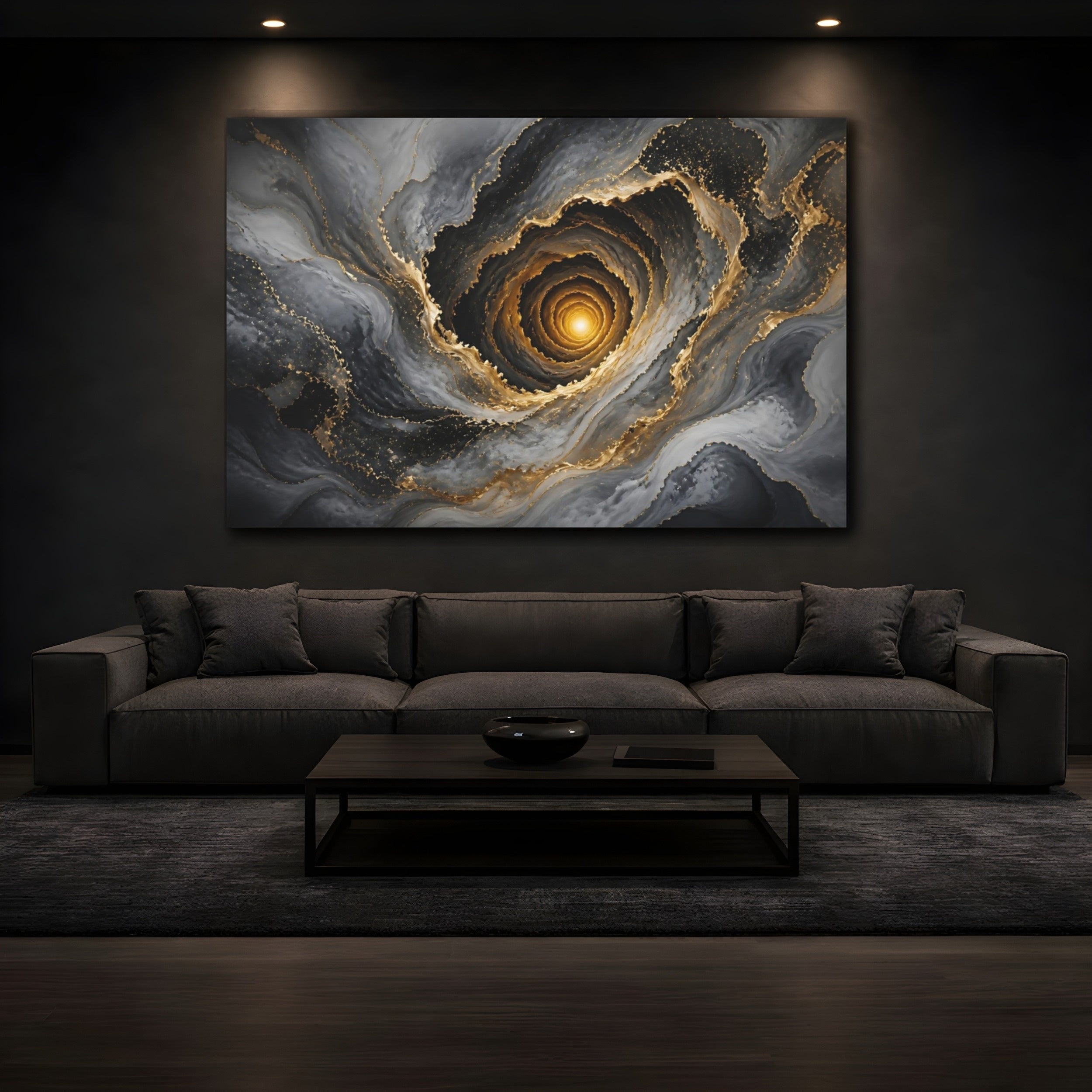 Mockup 3. Abstract Abstract Vortex Grey Gold Vortex shown as stretched canvas wall art