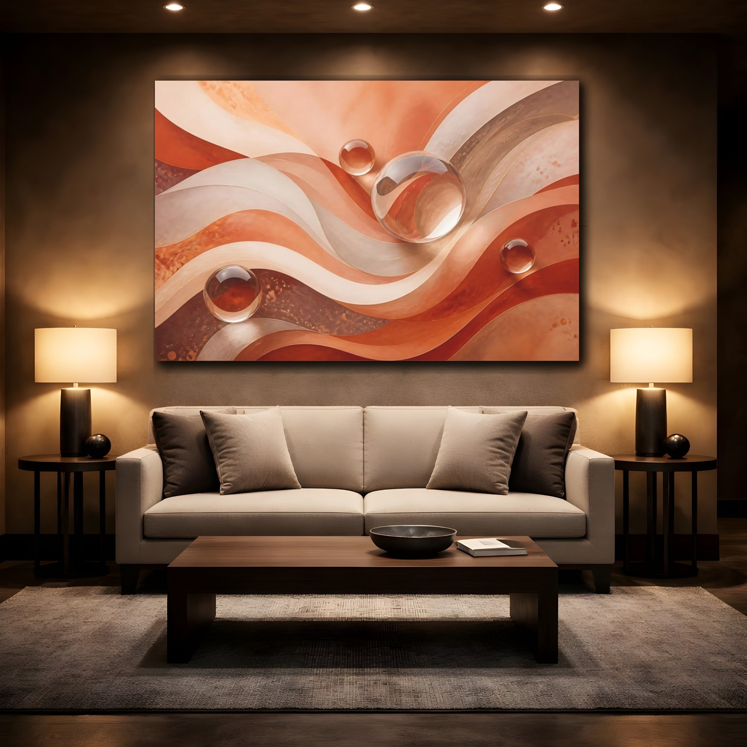 Mockup 2. Abstract Abstract Waves Earthy Tones Waves shown as stretched canvas wall art