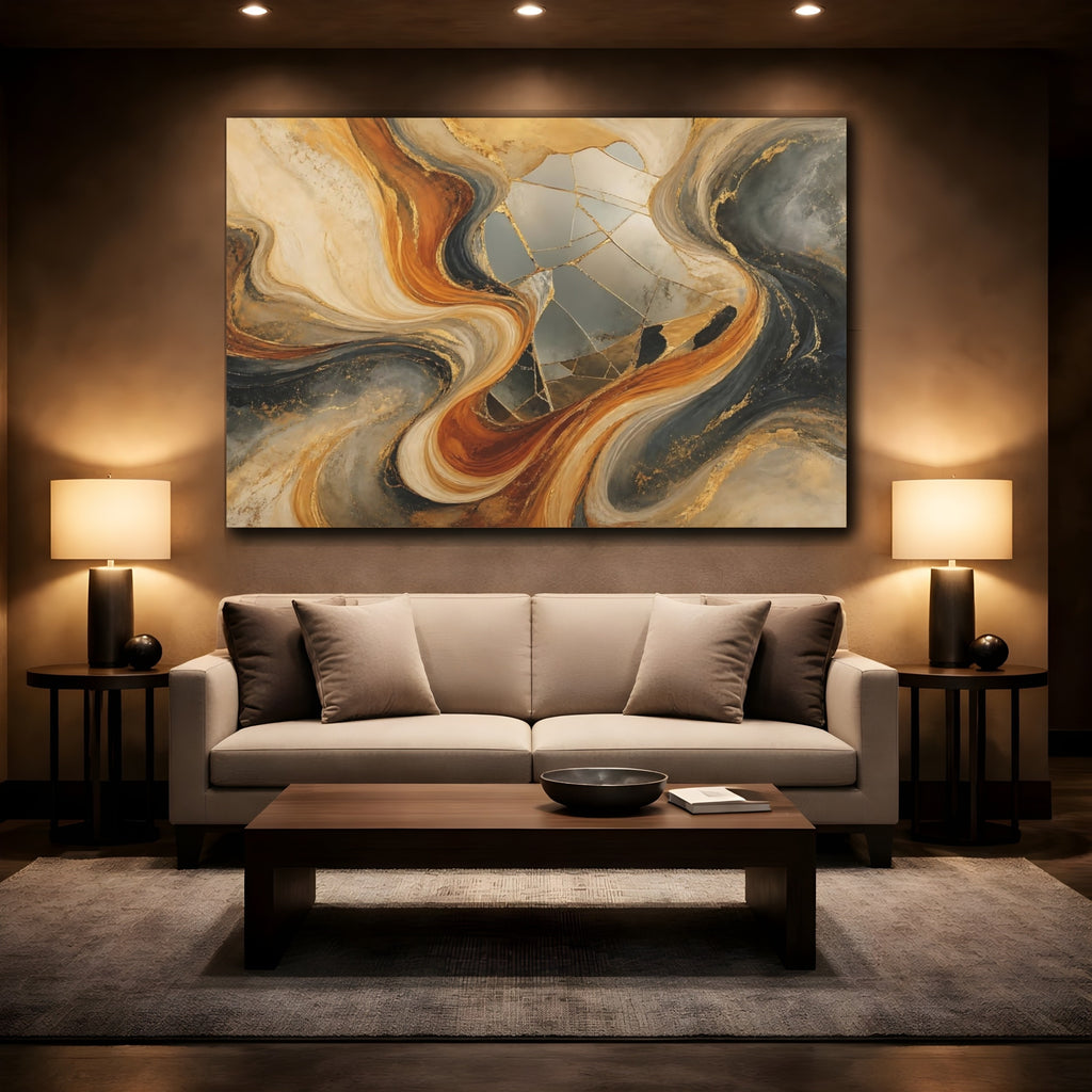 Mockup 2. Abstract Abstract Waves Gold Abstract shown as stretched canvas wall art