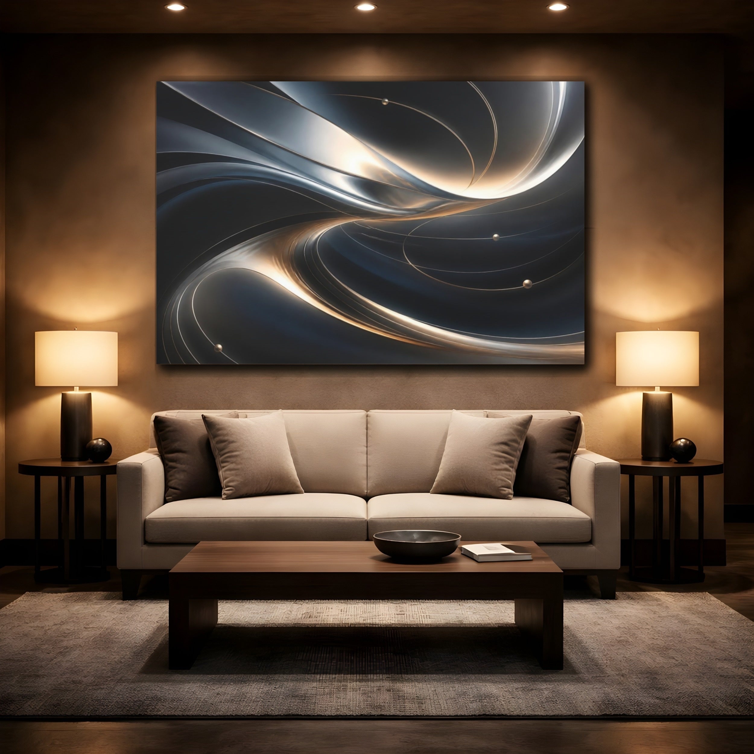 Mockup 2. Abstract Abstract Waves Metallic Wave Abstract shown as stretched canvas wall art