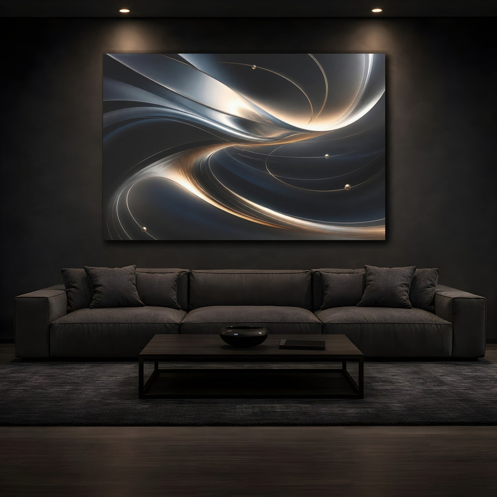 Mockup 3. Abstract Abstract Waves Metallic Wave Abstract shown as stretched canvas wall art