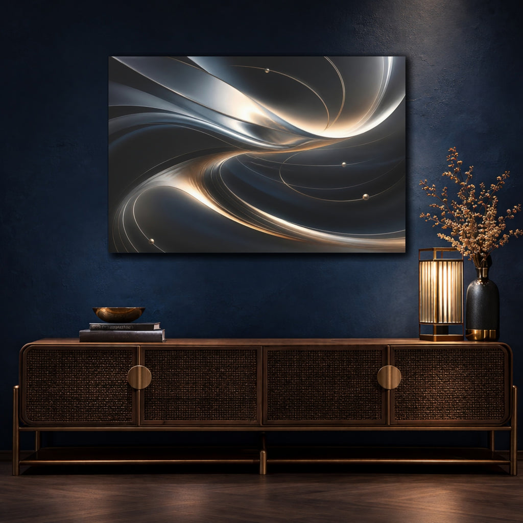 Mockup 4. Abstract Abstract Waves Metallic Wave Abstract shown as stretched canvas wall art