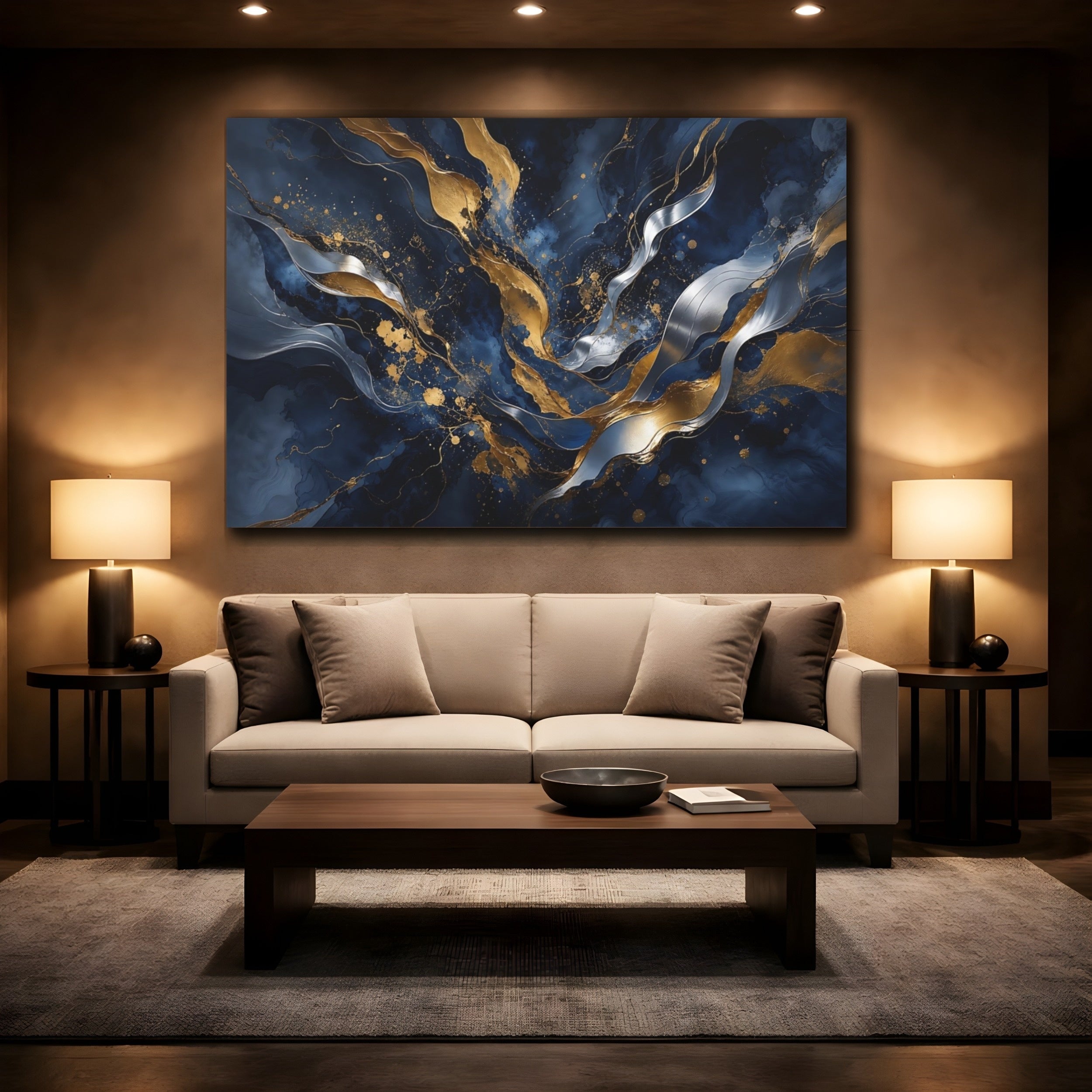 Mockup 2. Abstract Abstract Waves Navy Gold Abstract shown as stretched canvas wall art