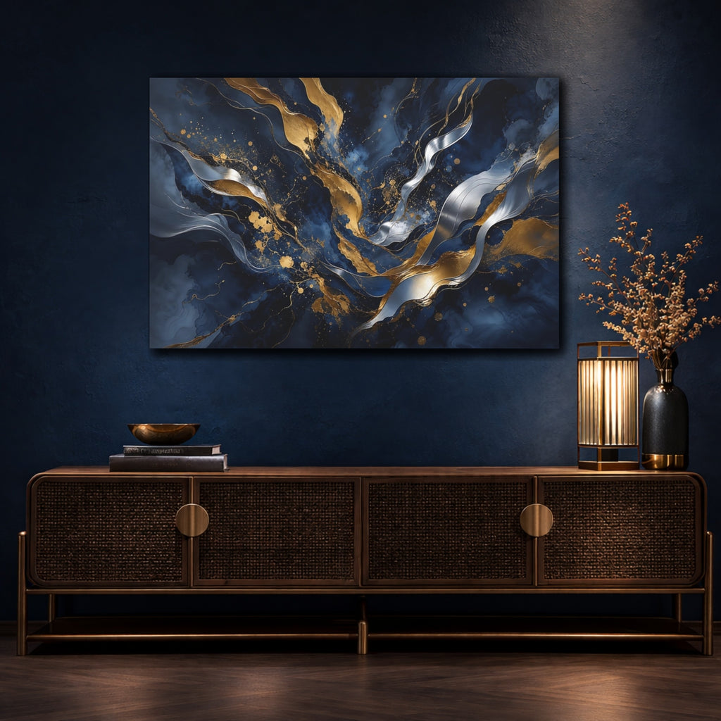 Mockup 4. Abstract Abstract Waves Navy Gold Abstract shown as stretched canvas wall art