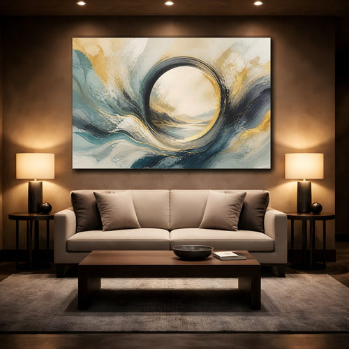 Mockup 2. Abstract Abstract Waves Teal Gold Abstract shown as stretched canvas wall art