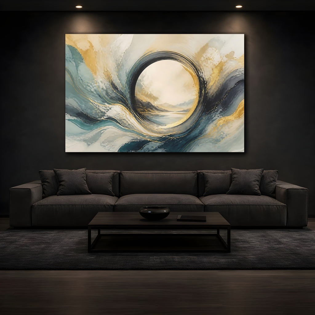 Mockup 3. Abstract Abstract Waves Teal Gold Abstract shown as stretched canvas wall art
