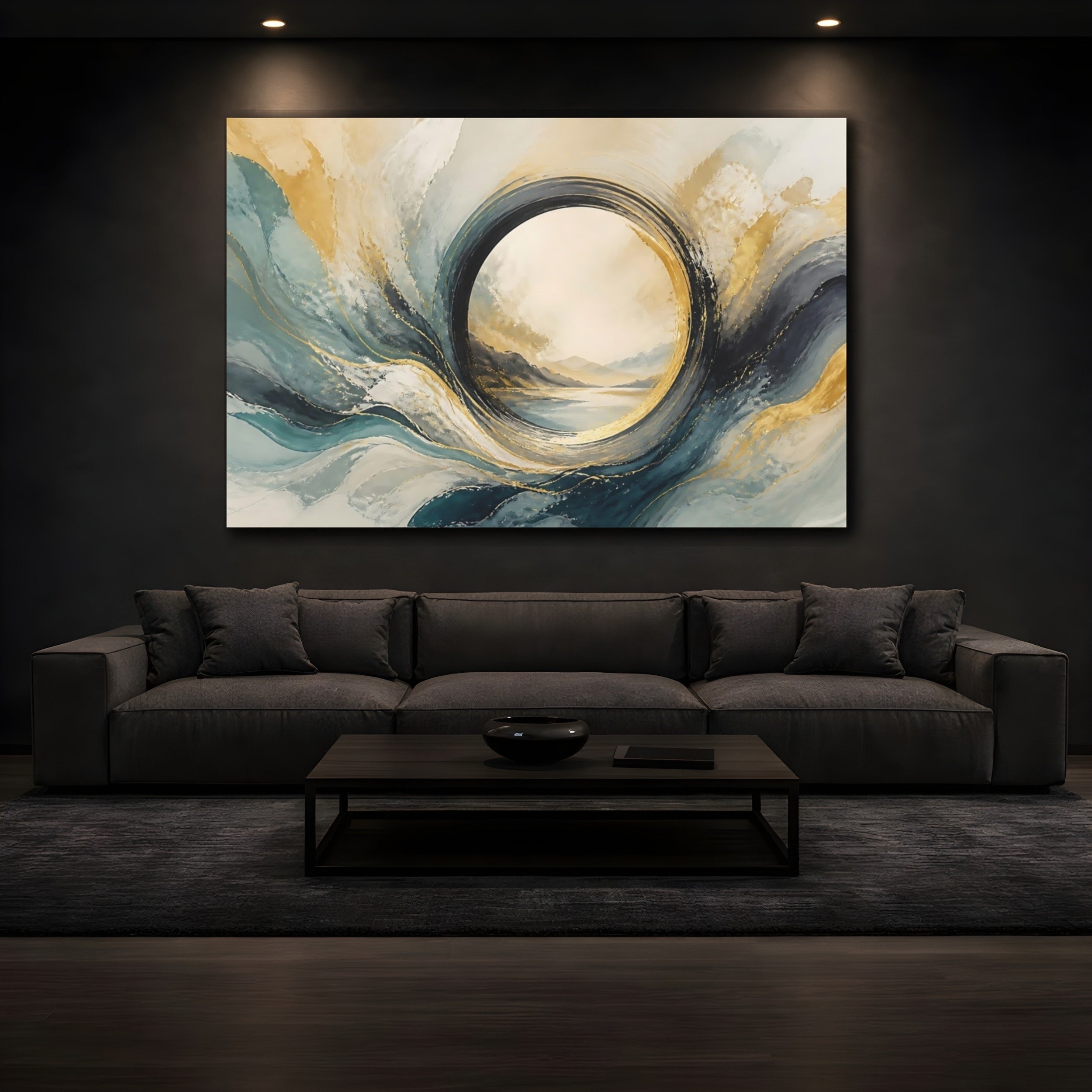 Mockup 3. Abstract Abstract Waves Teal Gold Abstract shown as stretched canvas wall art