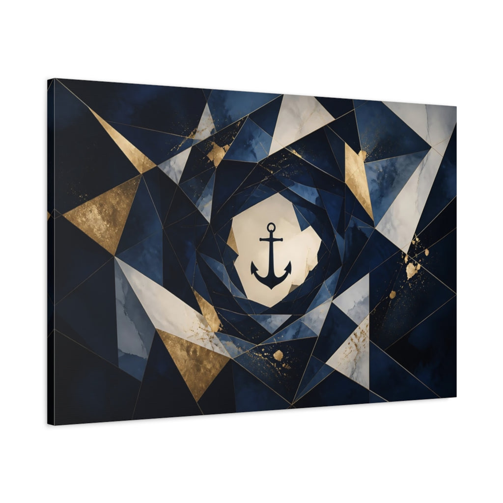 Main Mockup. Abstract Anchor Navy Blue Gold shown as stretched canvas wall art