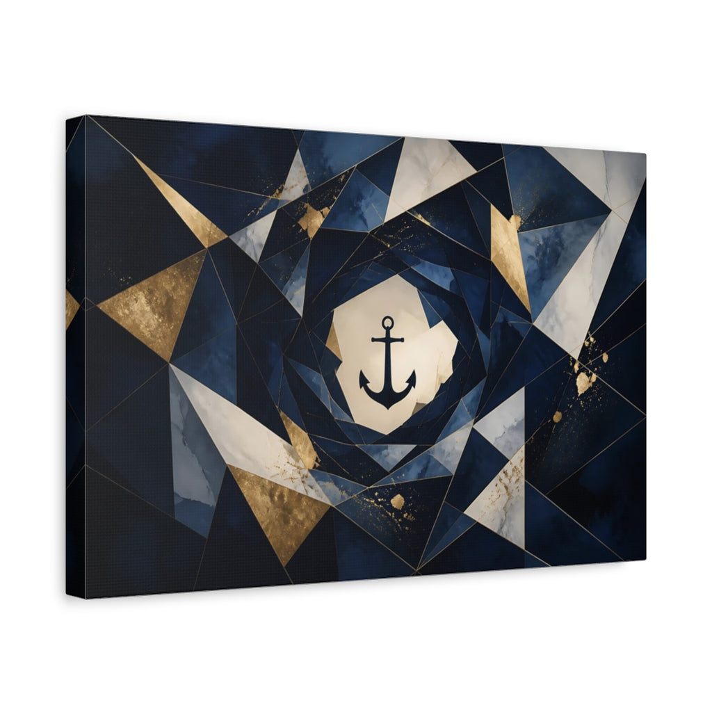 Side Mockup 4. Abstract Anchor Navy Blue Gold shown as stretched canvas wall art