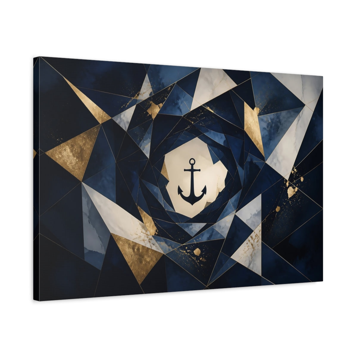 Side Mockup 2. Abstract Anchor Navy Blue Gold shown as stretched canvas wall art