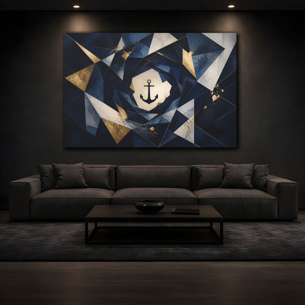Mockup 3. Abstract Anchor Navy Blue Gold shown as stretched canvas wall art