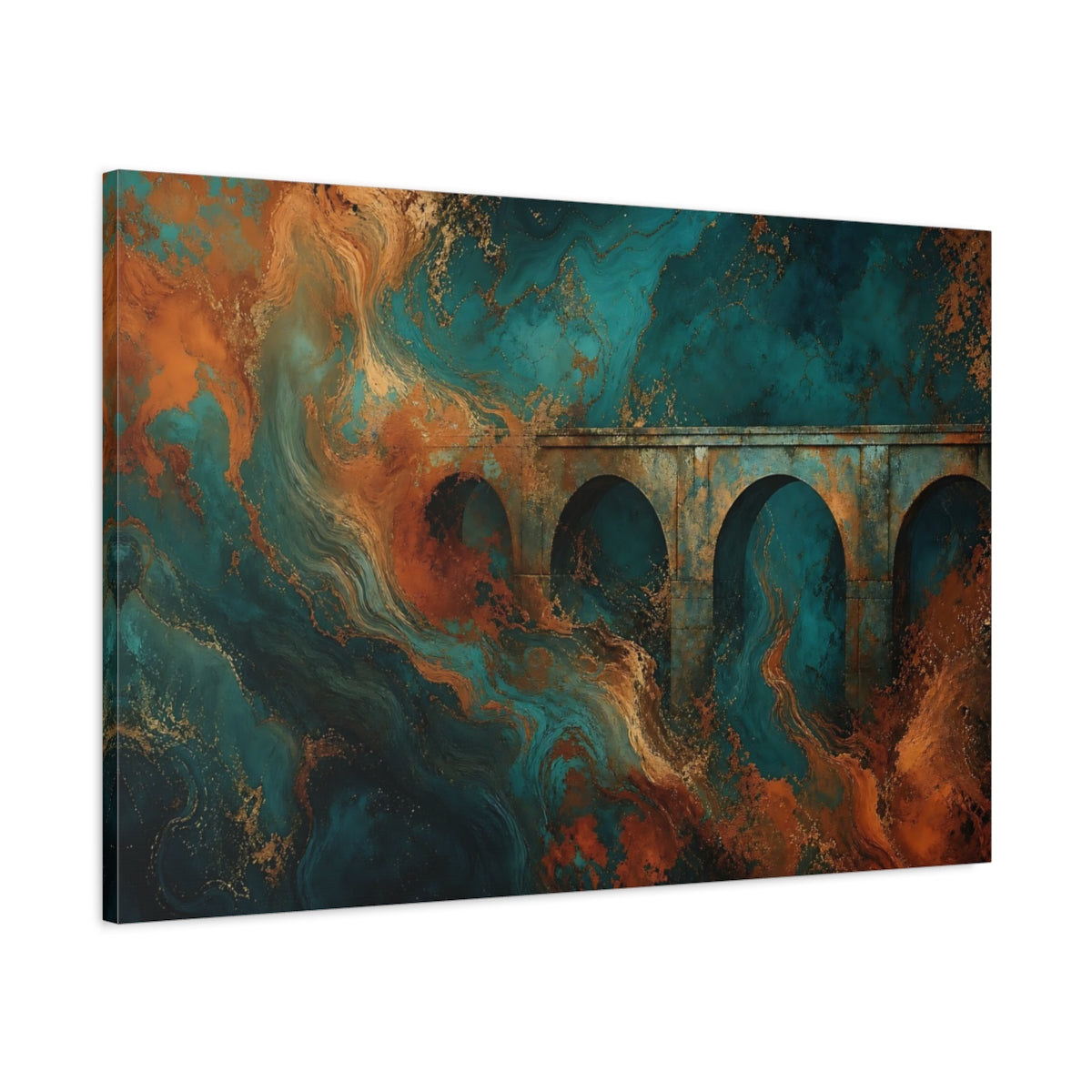 Main Mockup. Abstract Architectural Arches Teal Gold Rust shown as stretched canvas wall art