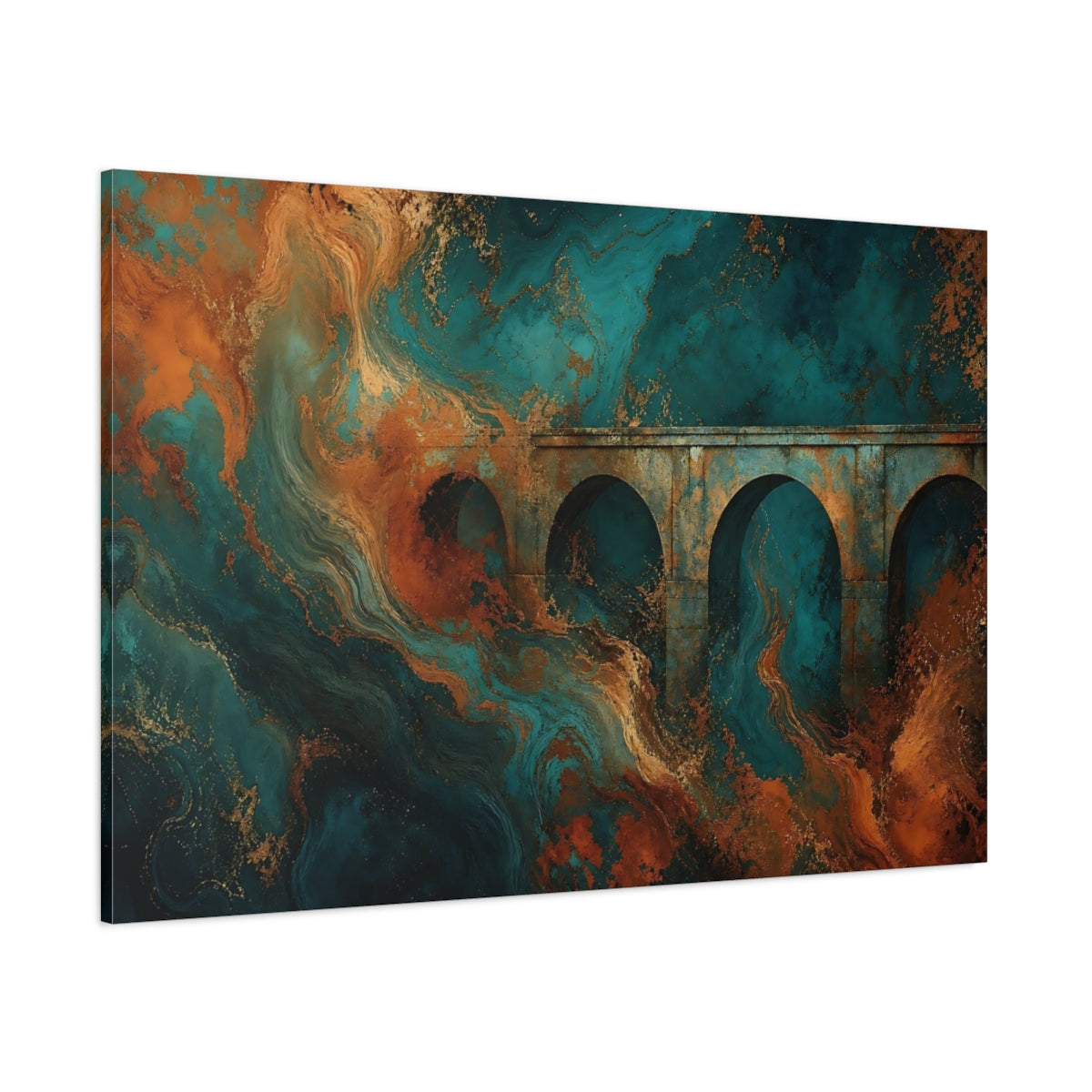 Side Mockup 1. Abstract Architectural Arches Teal Gold Rust shown as stretched canvas wall art