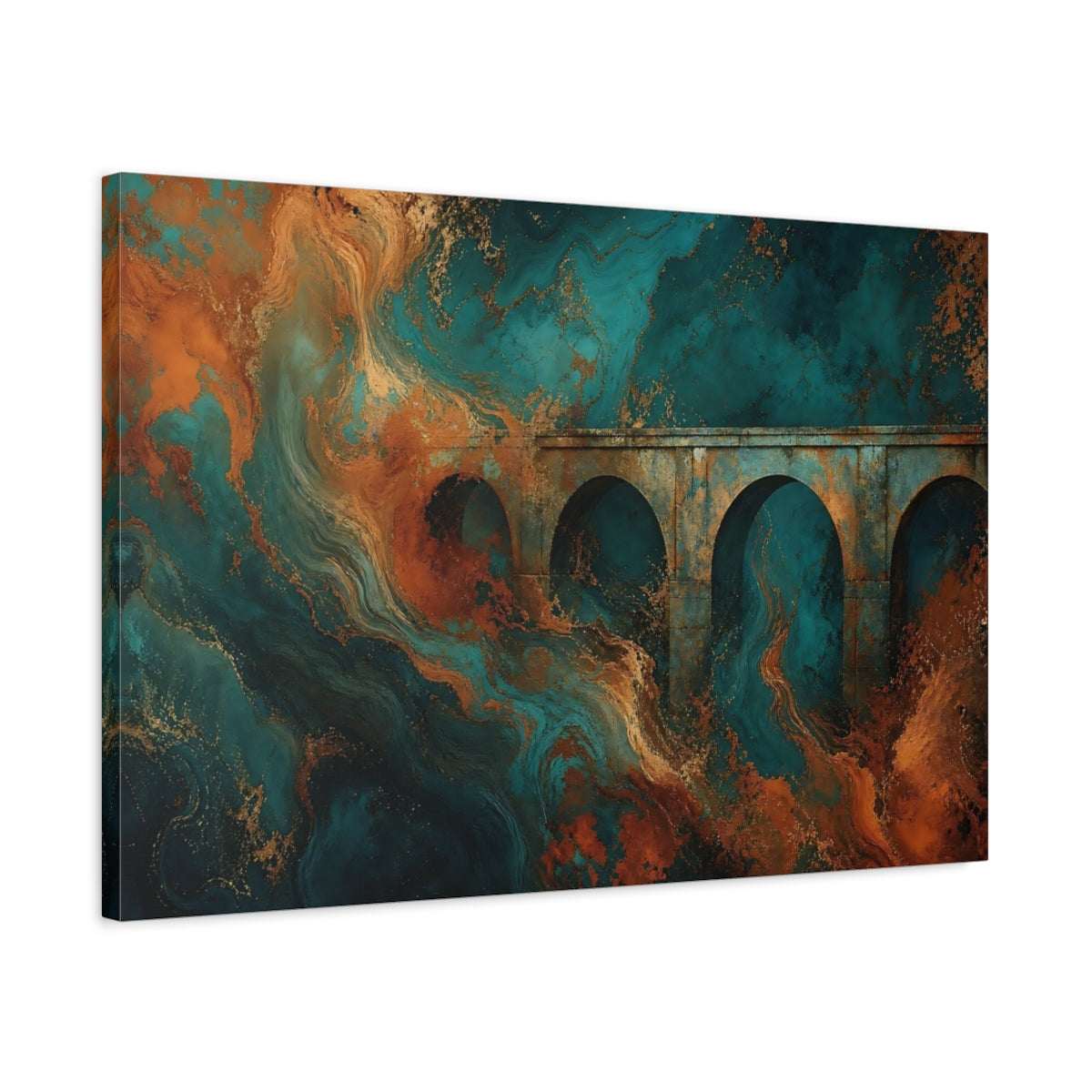 Side Mockup 2. Abstract Architectural Arches Teal Gold Rust shown as stretched canvas wall art