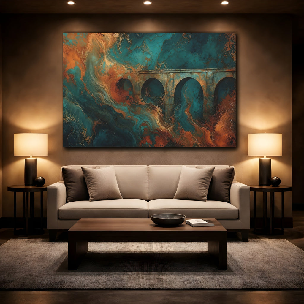 Mockup 2. Abstract Architectural Arches Teal Gold Rust shown as stretched canvas wall art