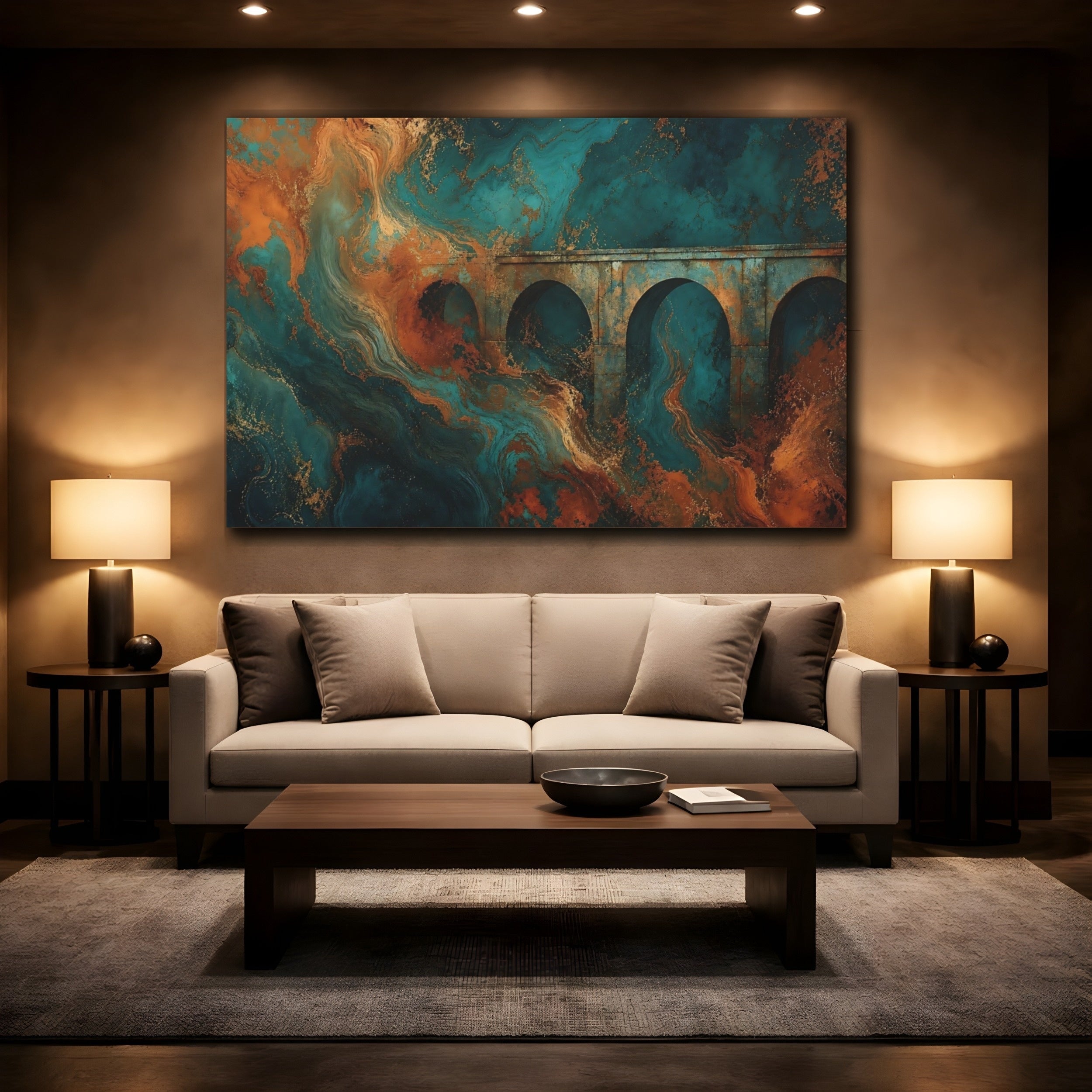 Mockup 2. Abstract Architectural Arches Teal Gold Rust shown as stretched canvas wall art