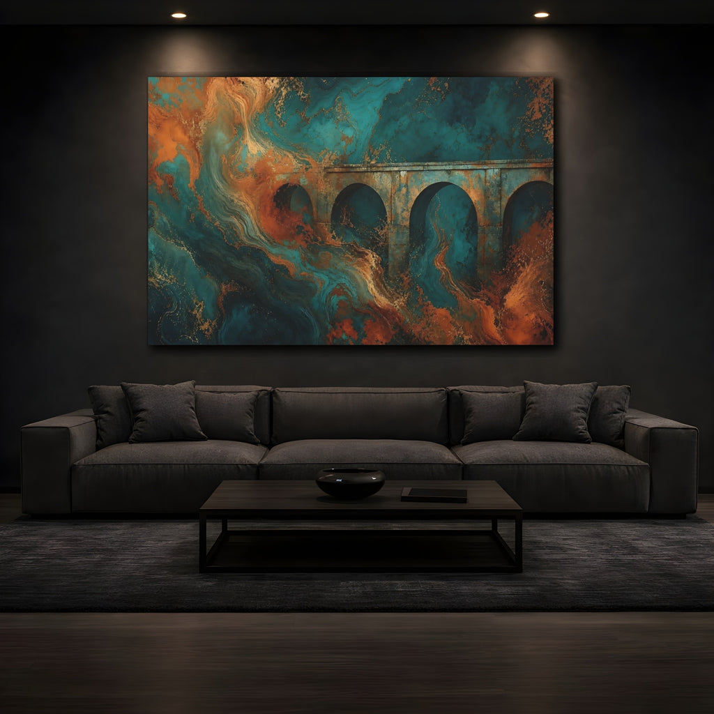 Mockup 3. Abstract Architectural Arches Teal Gold Rust shown as stretched canvas wall art
