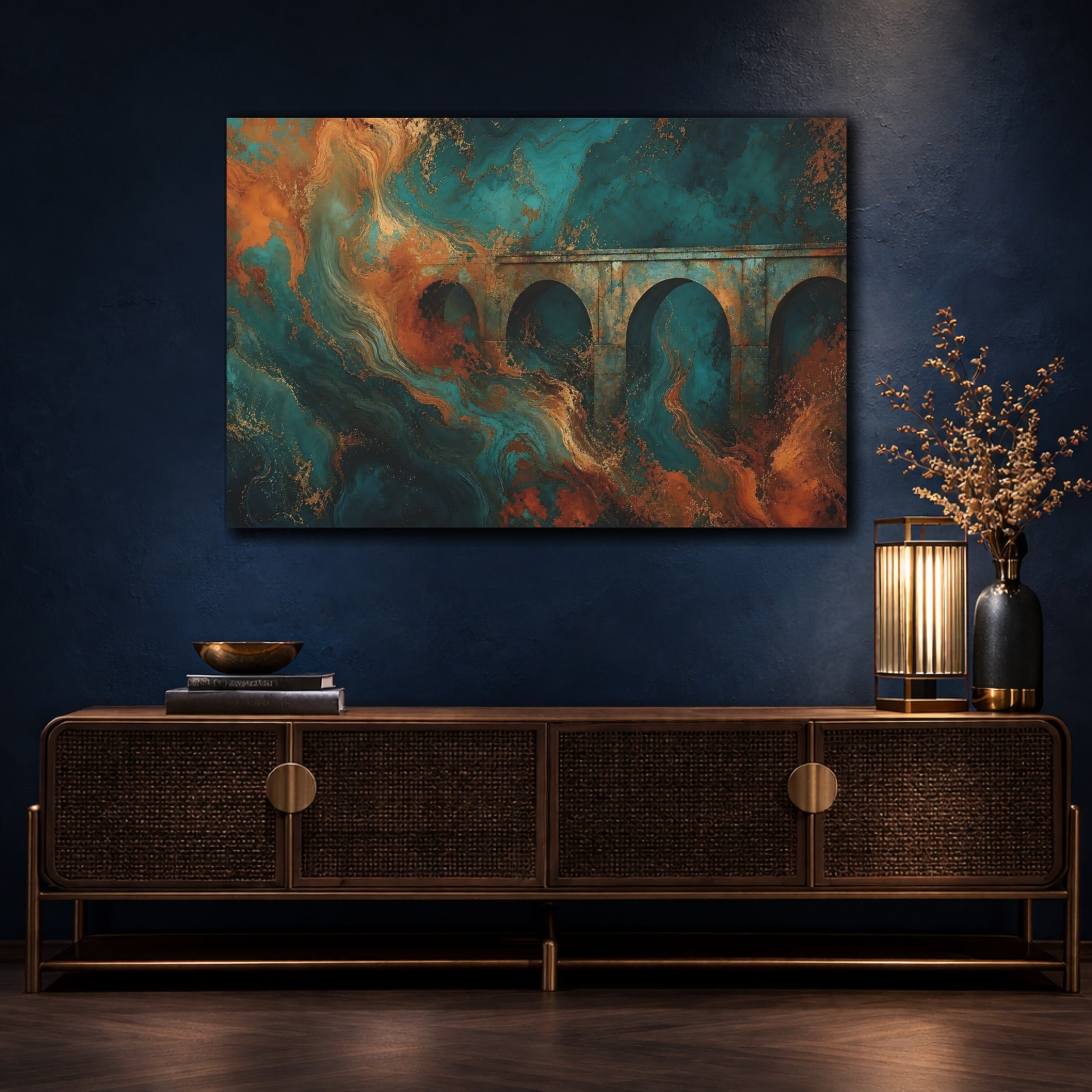 Mockup 4. Abstract Architectural Arches Teal Gold Rust shown as stretched canvas wall art