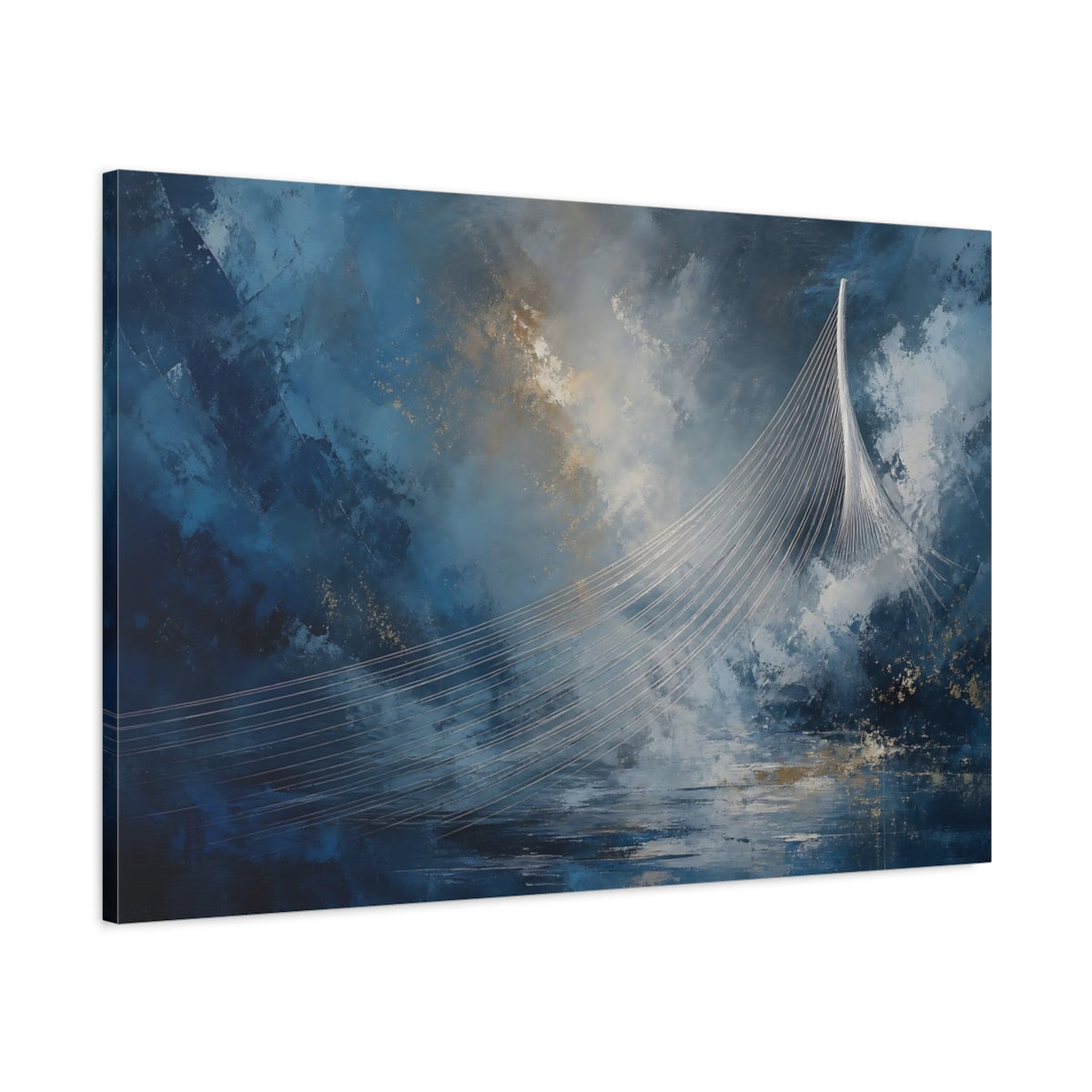 Main Mockup. Abstract Cable Bridge Blue Gold Abstract shown as stretched canvas wall art