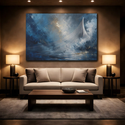 Mockup 2. Abstract Cable Bridge Blue Gold Abstract shown as stretched canvas wall art