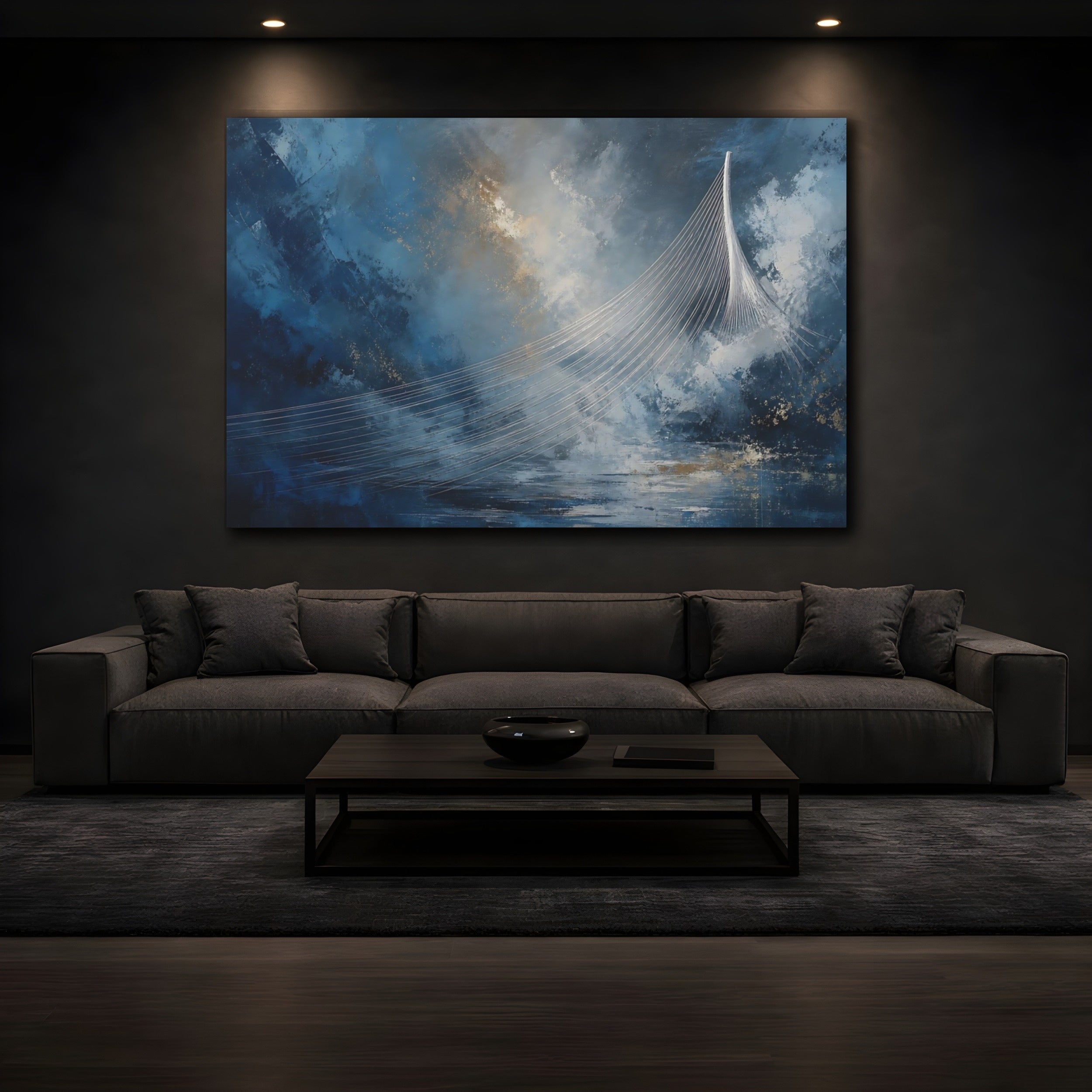 Mockup 3. Abstract Cable Bridge Blue Gold Abstract shown as stretched canvas wall art