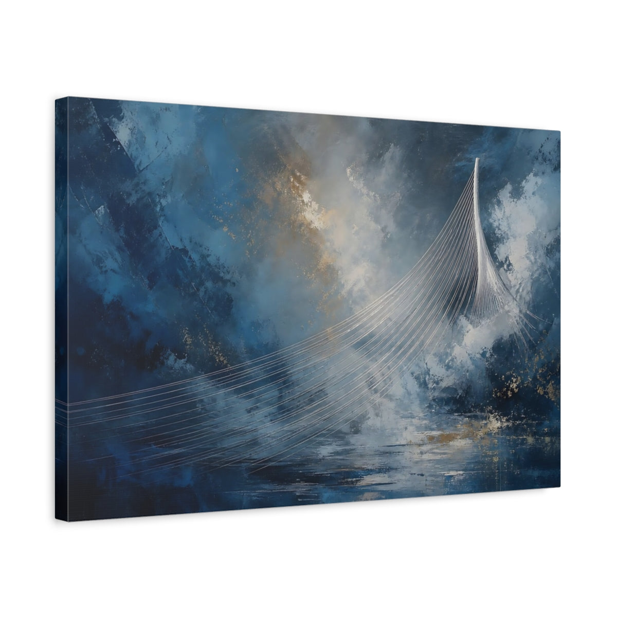 Side Mockup 3. Abstract Cable Bridge Blue Gold Abstract shown as stretched canvas wall art