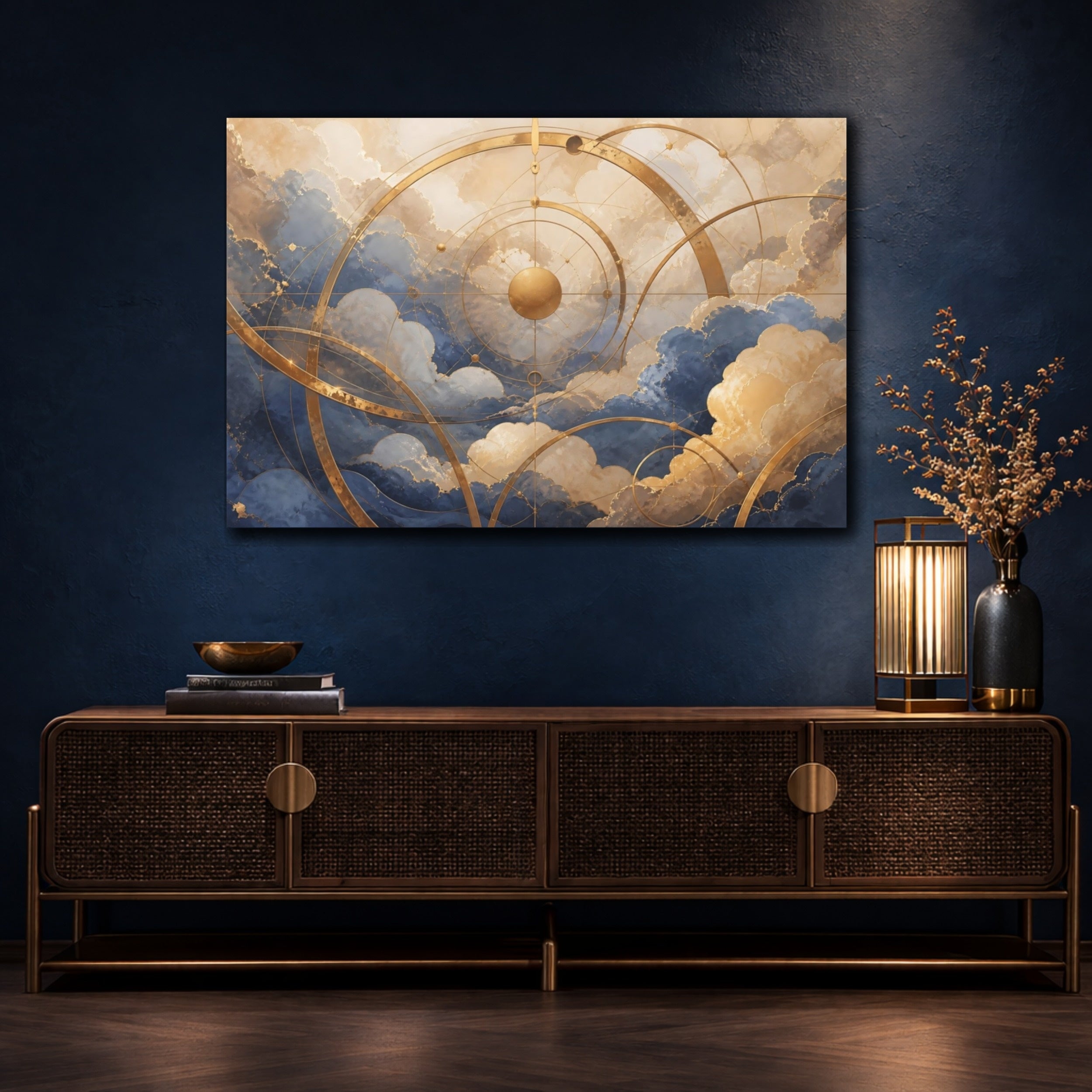Mockup 4. Abstract Celestial Grid Blue Gold Abstract shown as stretched canvas wall art
