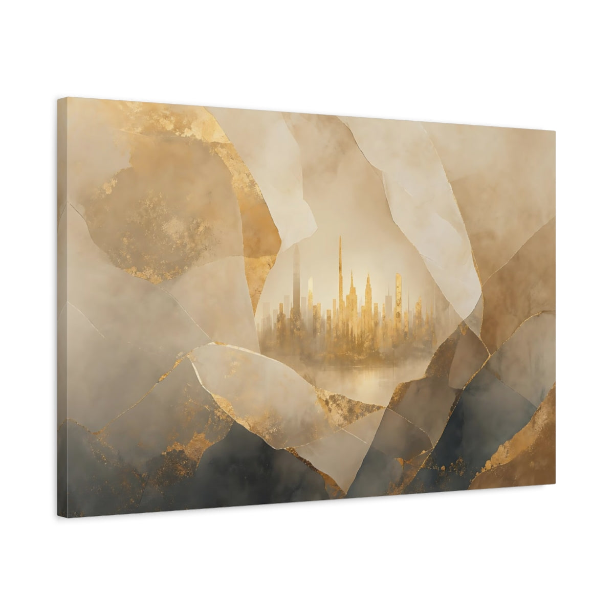 Side Mockup 2. Abstract City Skyline Gold And Grey City shown as stretched canvas wall art
