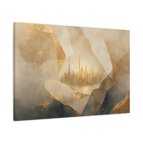 Main Mockup. Abstract City Skyline Gold And Grey City shown as stretched canvas wall art