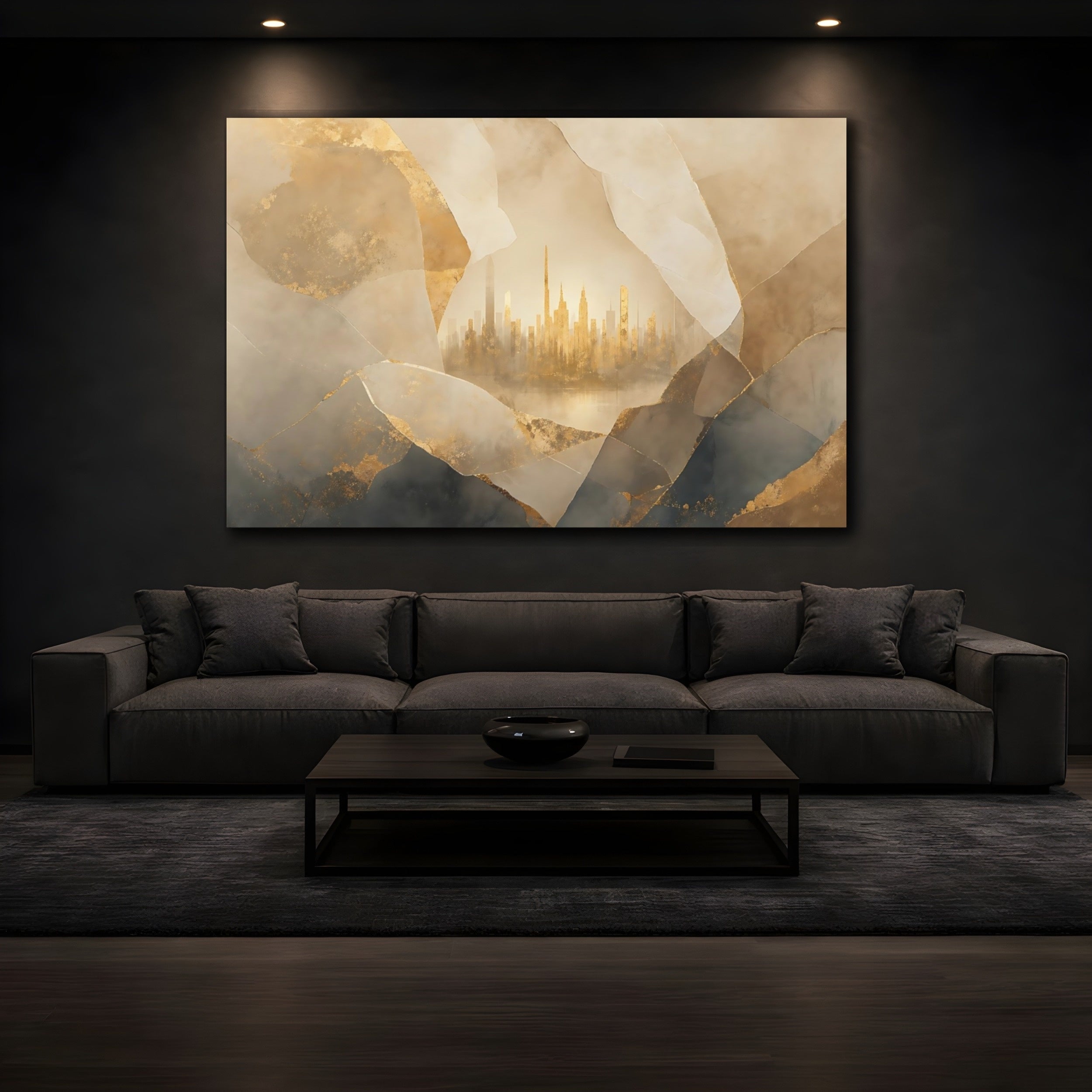 Mockup 3. Abstract City Skyline Gold And Grey City shown as stretched canvas wall art