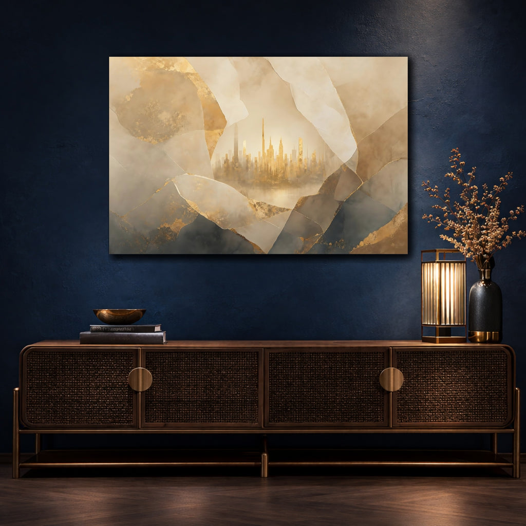 Mockup 4. Abstract City Skyline Gold And Grey City shown as stretched canvas wall art