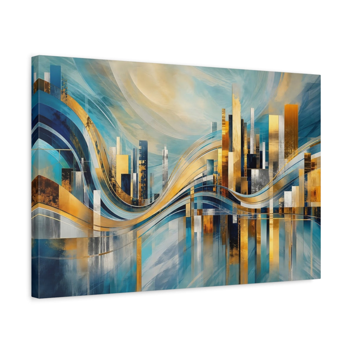 Side Mockup 3. Abstract Abstract Cityscape Blue And Gold Cityscape shown as stretched canvas wall art
