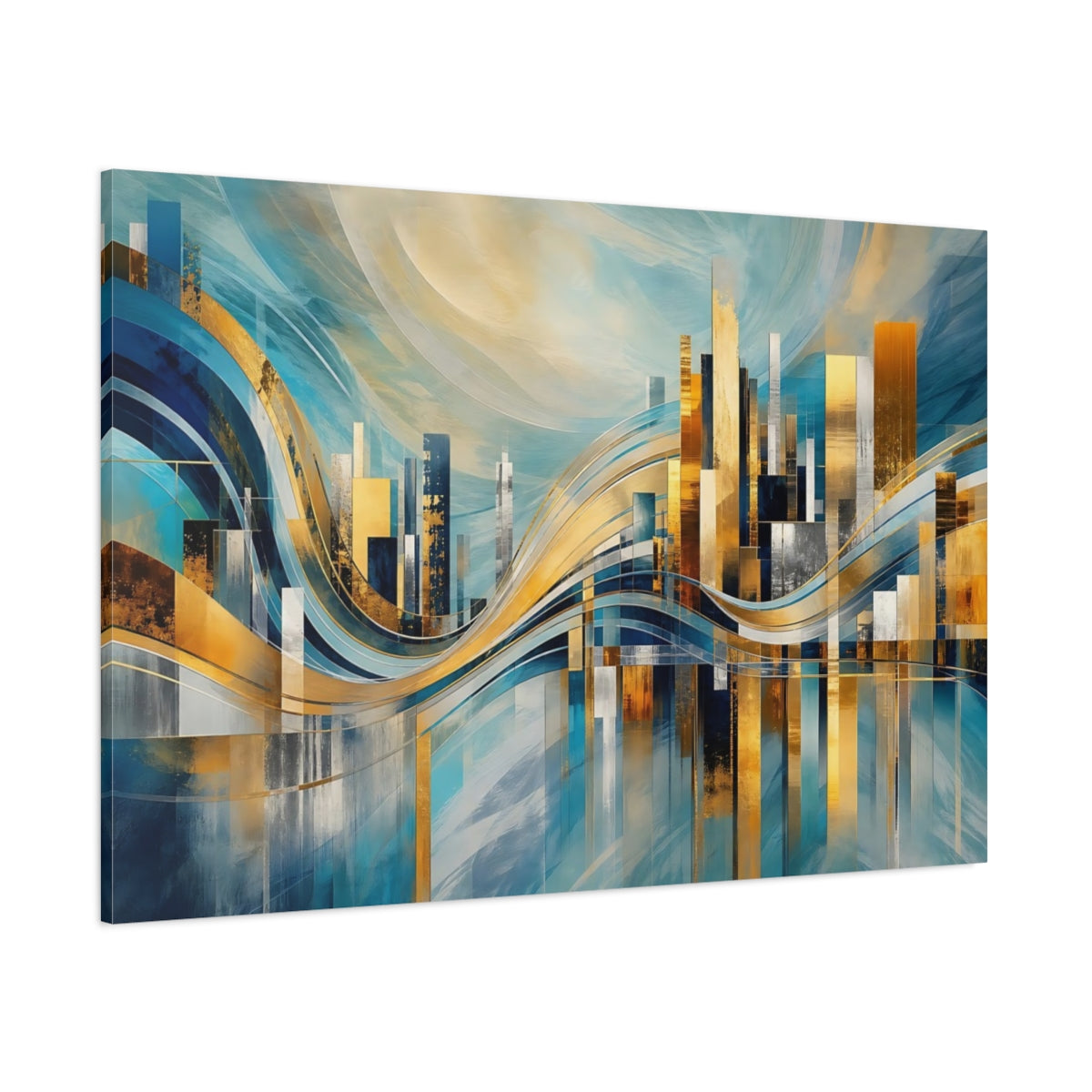 Side Mockup 1. Abstract Abstract Cityscape Blue And Gold Cityscape shown as stretched canvas wall art