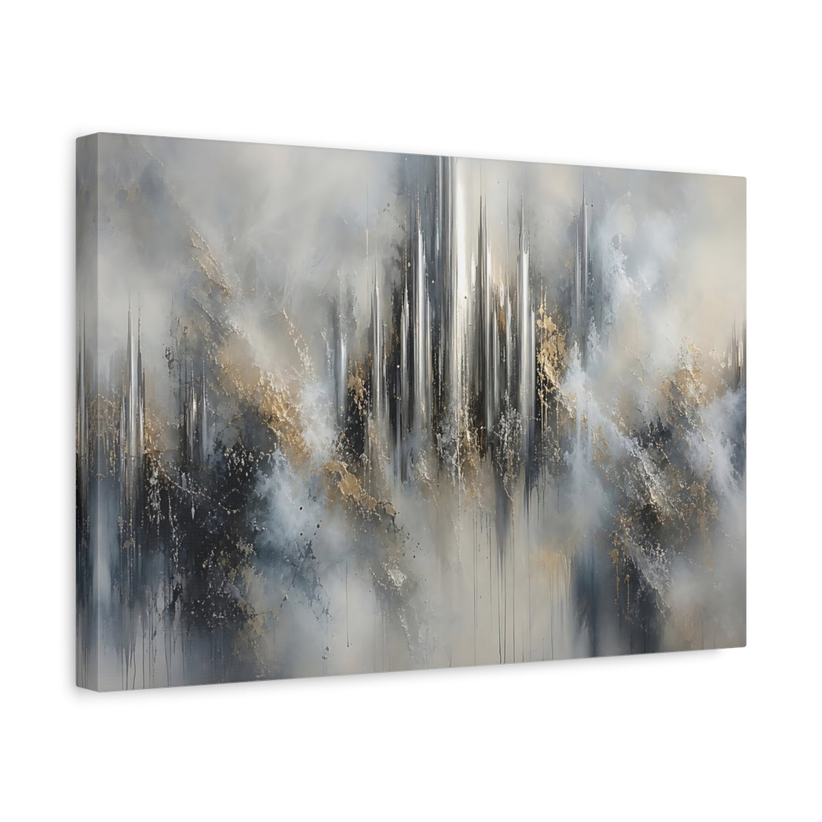 Side Mockup 4. Abstract Abstract Cityscape Abstract Gray Gold shown as stretched canvas wall art