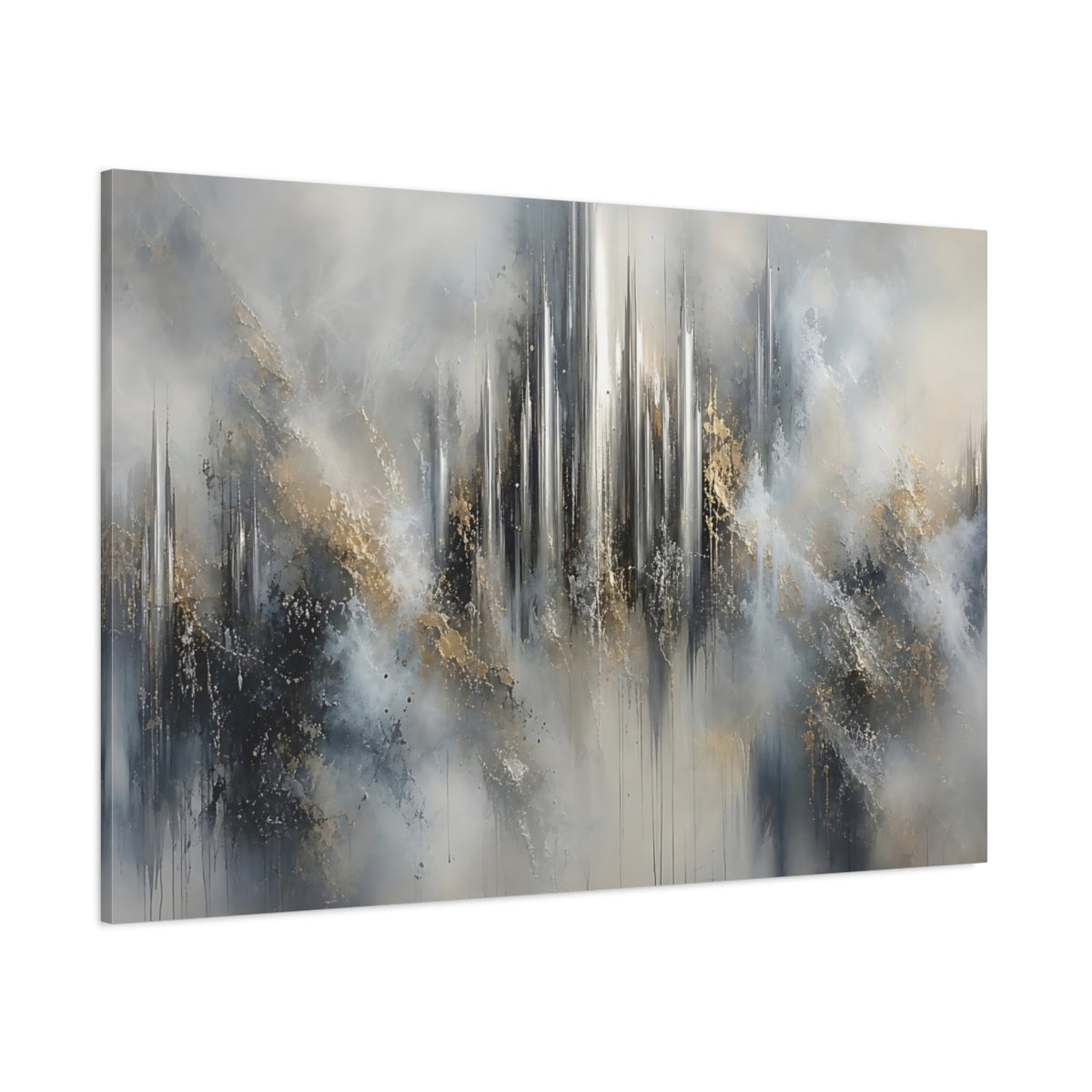 Side Mockup 1. Abstract Abstract Cityscape Abstract Gray Gold shown as stretched canvas wall art